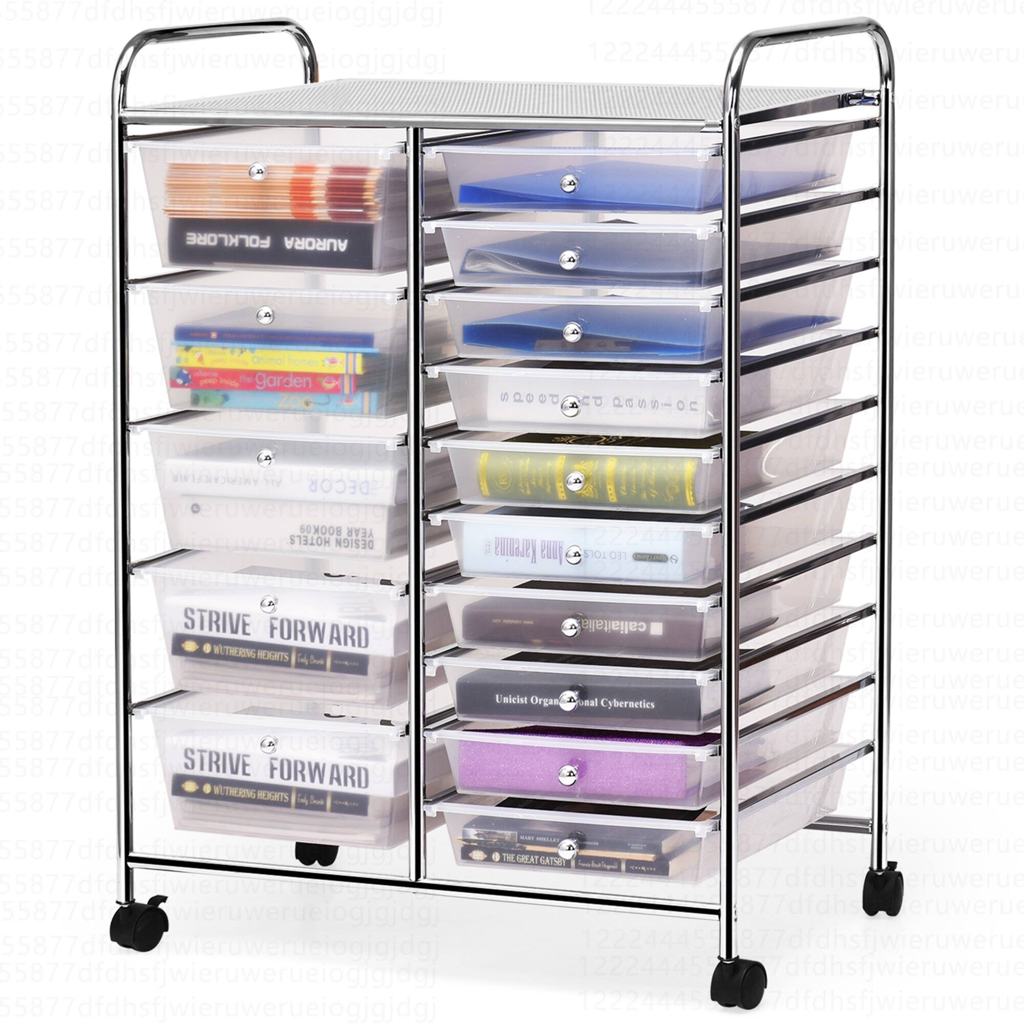 Costway - 15 Drawer Rolling Storage Cart Scrapbook Paper Office School Organizer - Clear