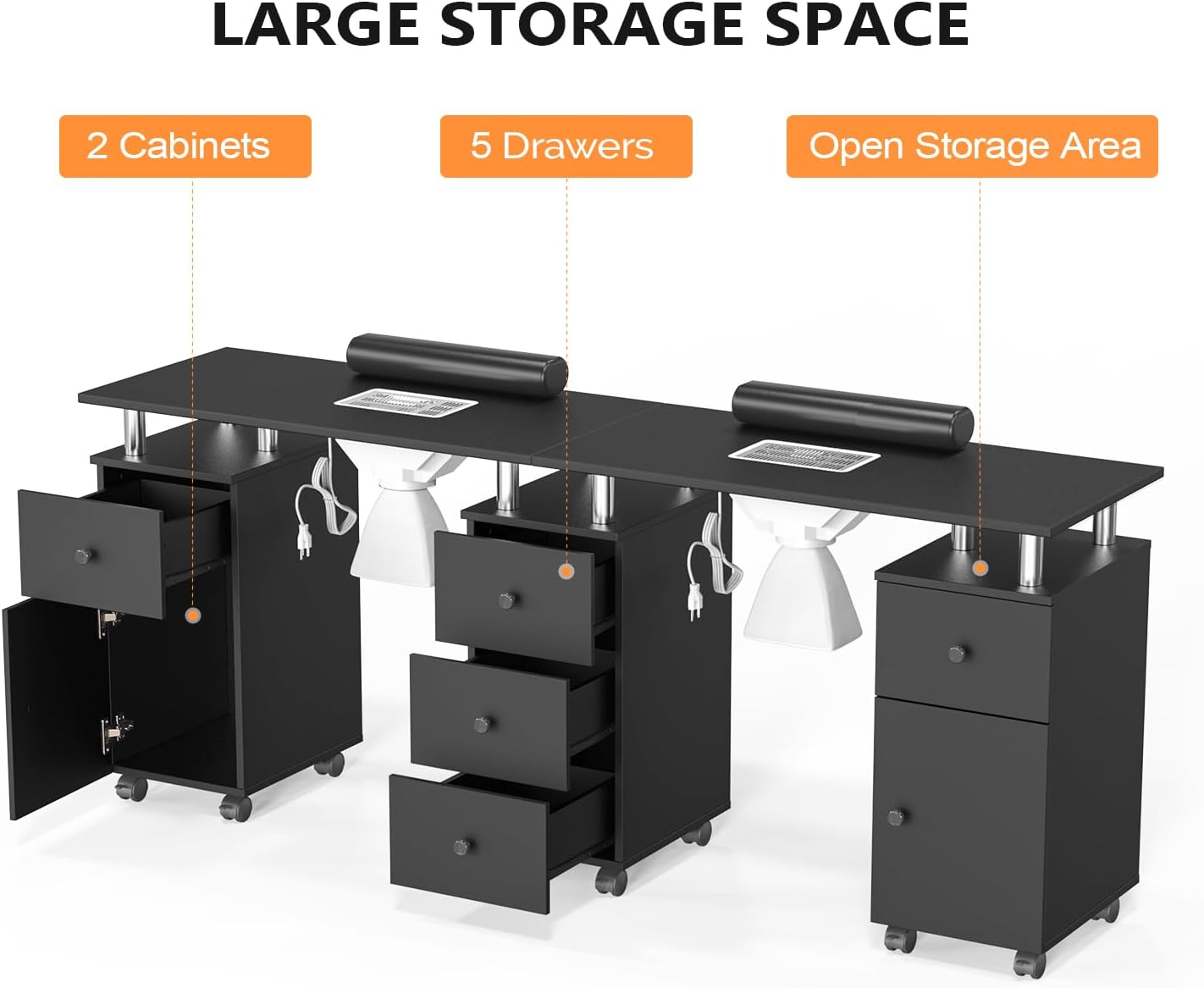 LARGE STORAGE SPACE  
2 Cabinets  
5 Drawers  
Open Storage Area