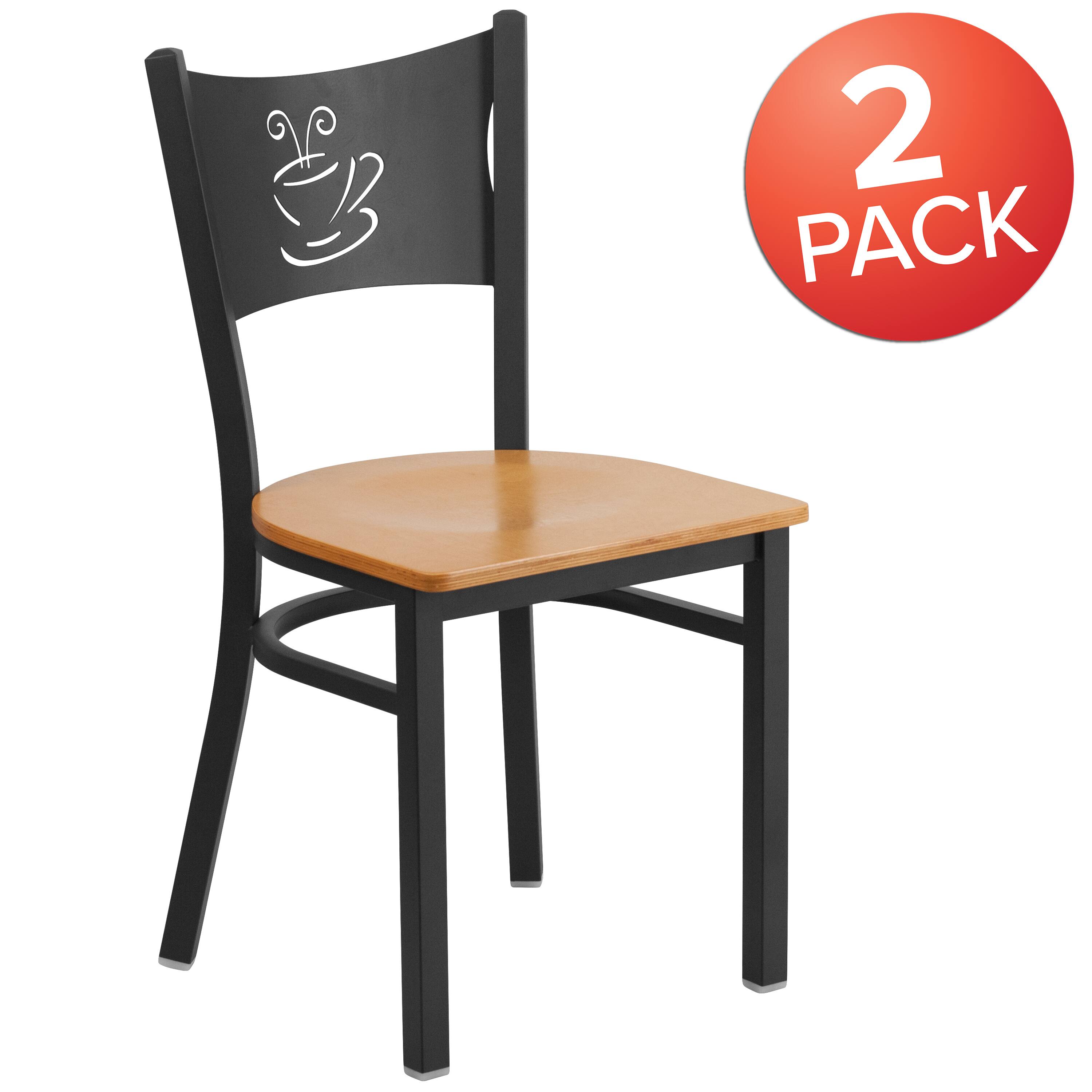 Alt View 1. Emma + Oliver - 2 Pack Coffee Back Metal Restaurant Chair - Natural Wood Seat/Black Metal Frame.