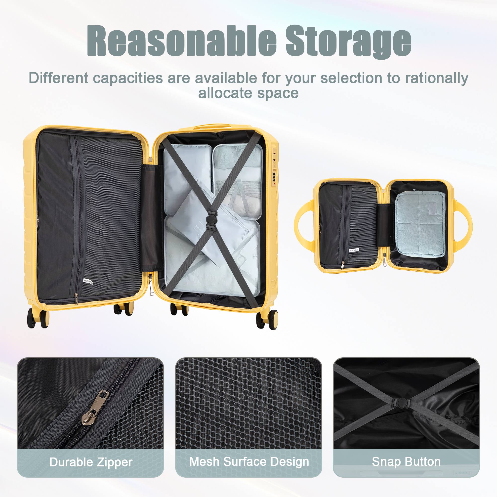 Reasonable Storage

Different capacities are available for your selection to rationally allocate space

- Durable Zipper
- Mesh Surface Design
- Snap Button