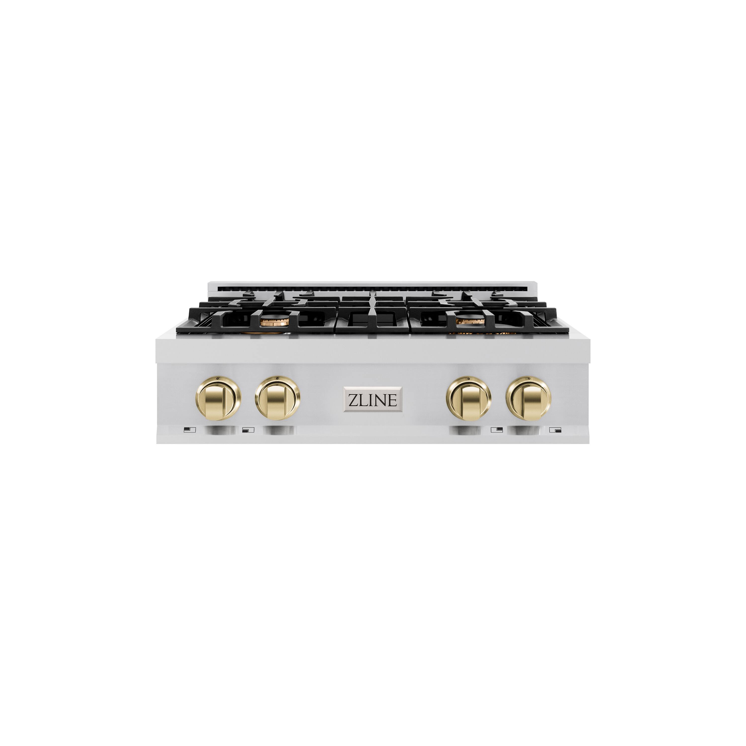 Front. ZLINE - ZLINE Autograph 30 in. Classic Rangetop w/ 4 Burners in Stainless Steel & Polished Gold Accents - Stainless Steel.