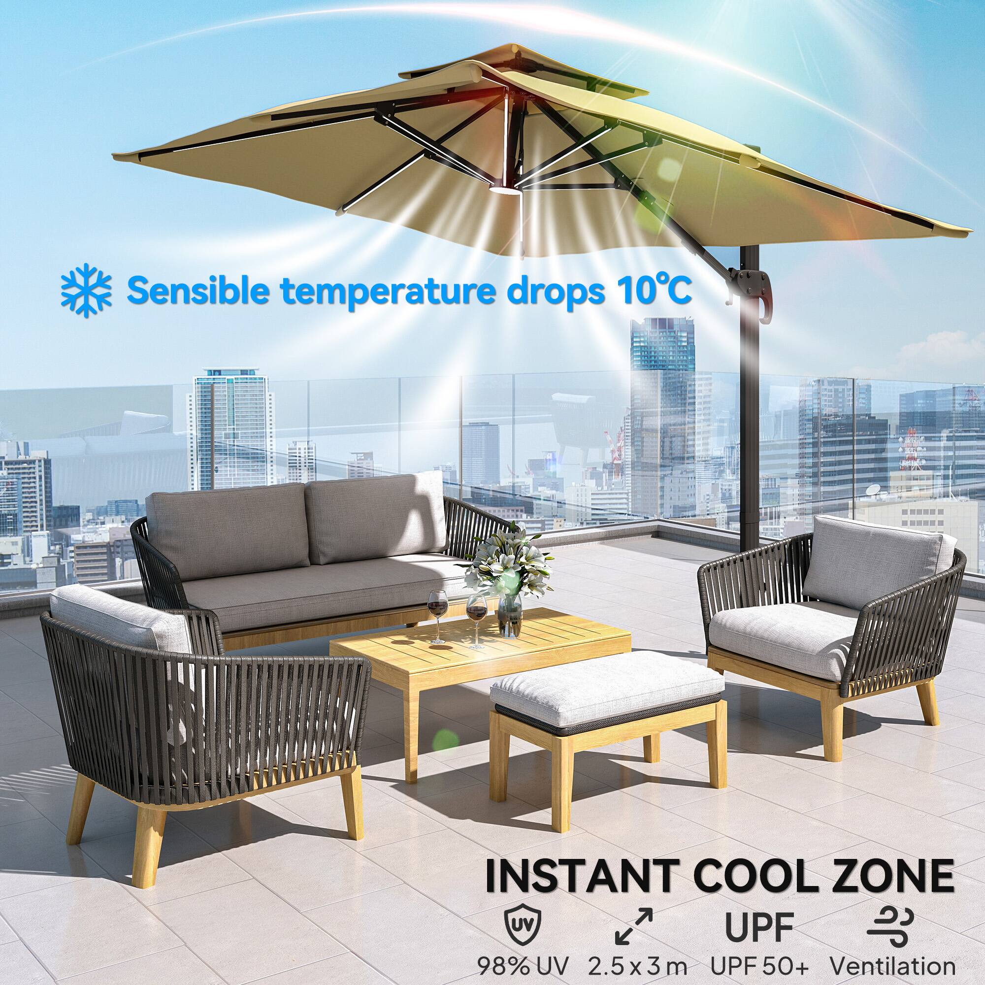 Sensible temperature drops 10°C

INSTANT COOL ZONE
98% UV
2.5x 3 m
UPF 50+
Ventilation