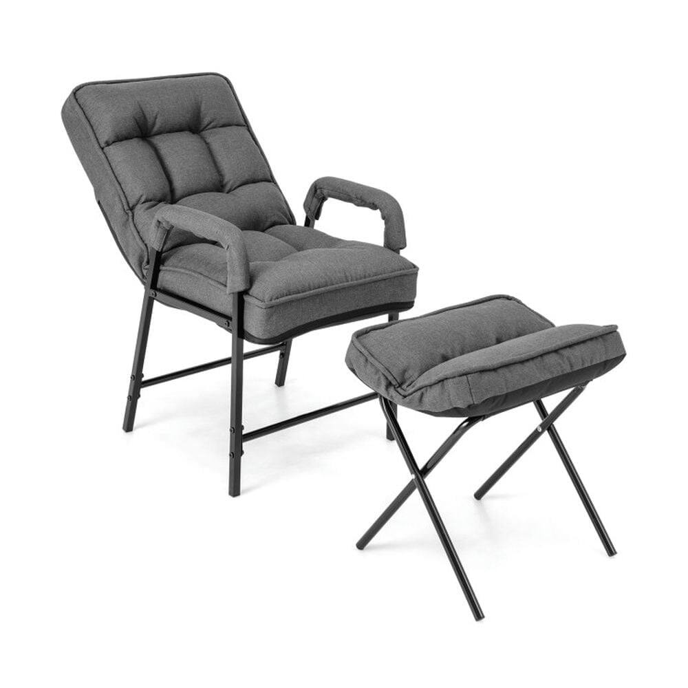 Front. Kadyn - Linen Fabric Modern Accent Chair with Ottoman and Adjustable Backrest-Gray, Single Sofa - Gray.
