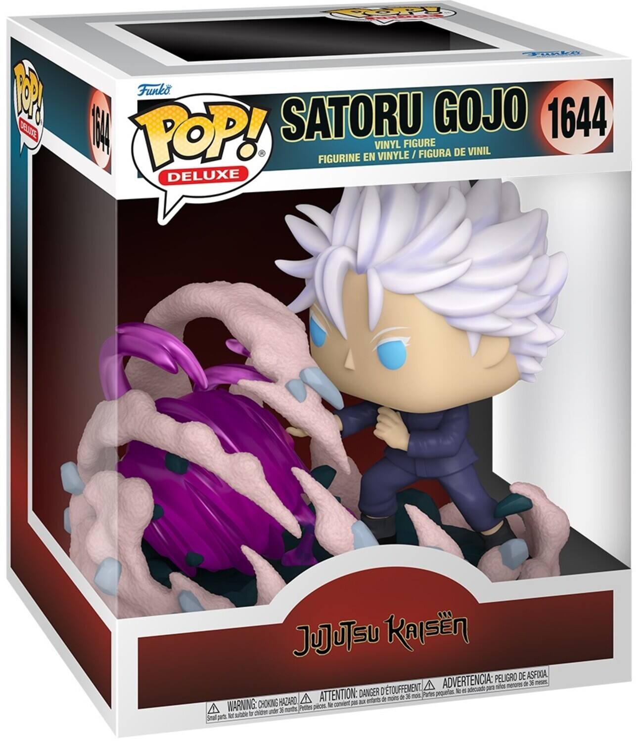 Sure, here is the corrected and grouped text from the image:

---

**Funko POP! DELUXE**

**1644**

**SATORU GOJO**

**VINYL FIGURE / FIGURINE EN VINYLE / FIGURA DE VINIL**

**JUJUTSU KAISEN**

**ADVERTENCIA: PELIGRO DE ASFIXIA**

**ATTENTION: DANGER D'ÉTOUFFEMENT**

**WARNING: CHOKING HAZARD - Small parts. Not for children under 3 years.**

---

This text is organized to reflect the information on the packaging accurately.