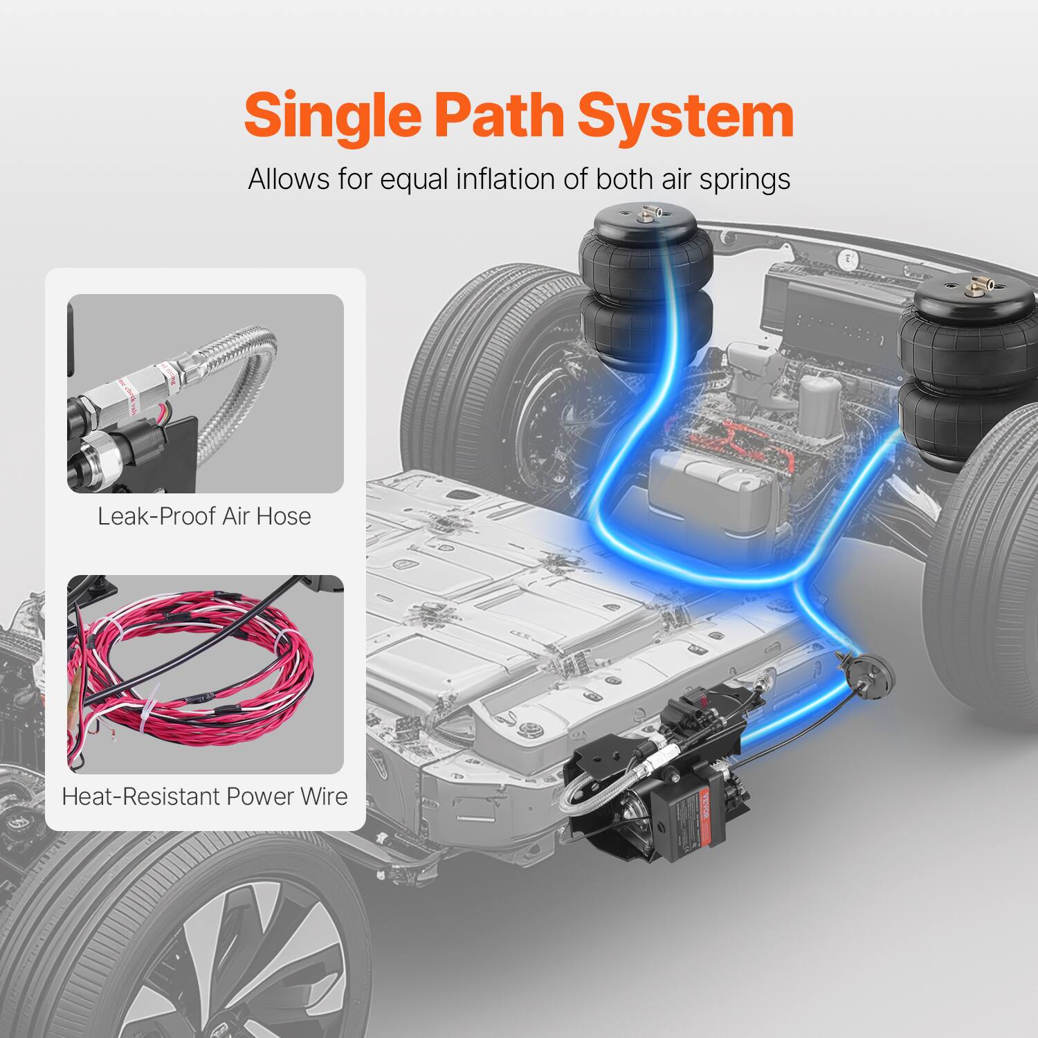 Single Path System  
Allows for equal inflation of both air springs  

Leak-Proof Air Hose  
Heat-Resistant Power Wire
