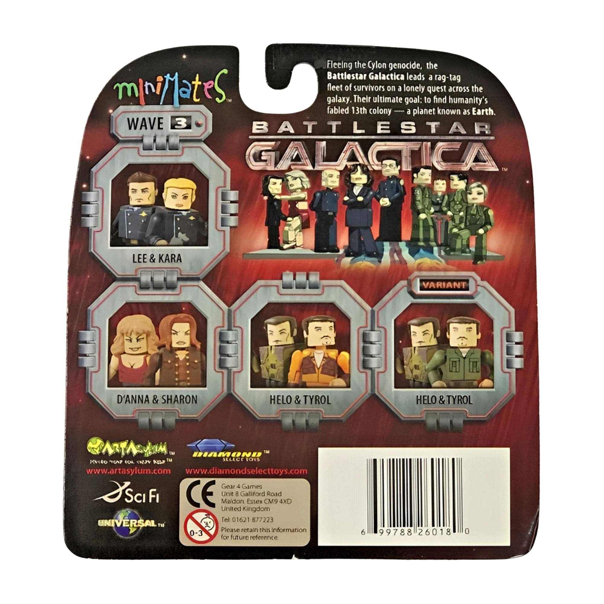 Fleeing the Cylon genocide, the Battlestar Galactica leads a rag-tag fleet of survivors on a lonely quest across the galaxy. Their ultimate goal: to find humanity's fabled 13th colony—a planet known as Earth.

WAVE 3 BATTLESTAR GALACTICA

LEE & KARA  
D'ANNA & SHARON  
HELO & TYROL  
HELO & TYROL

- DAMOND  
1M  
SELANE  
EOIS  
PEO

FOR CV N  
www.artasyum.com  
www.diamondselecttoys.com

Gear 4 Games  
J'sci  
Sc Fi  
CE  
Maldon Unit 8 Galiford Essex CM9 Road 4XD  
United Kingdom  
Tel 01621 77223  
UNIVERSAL  
Please retain this information for future reference

0-3  
fce  
future  
6  
99788 26018