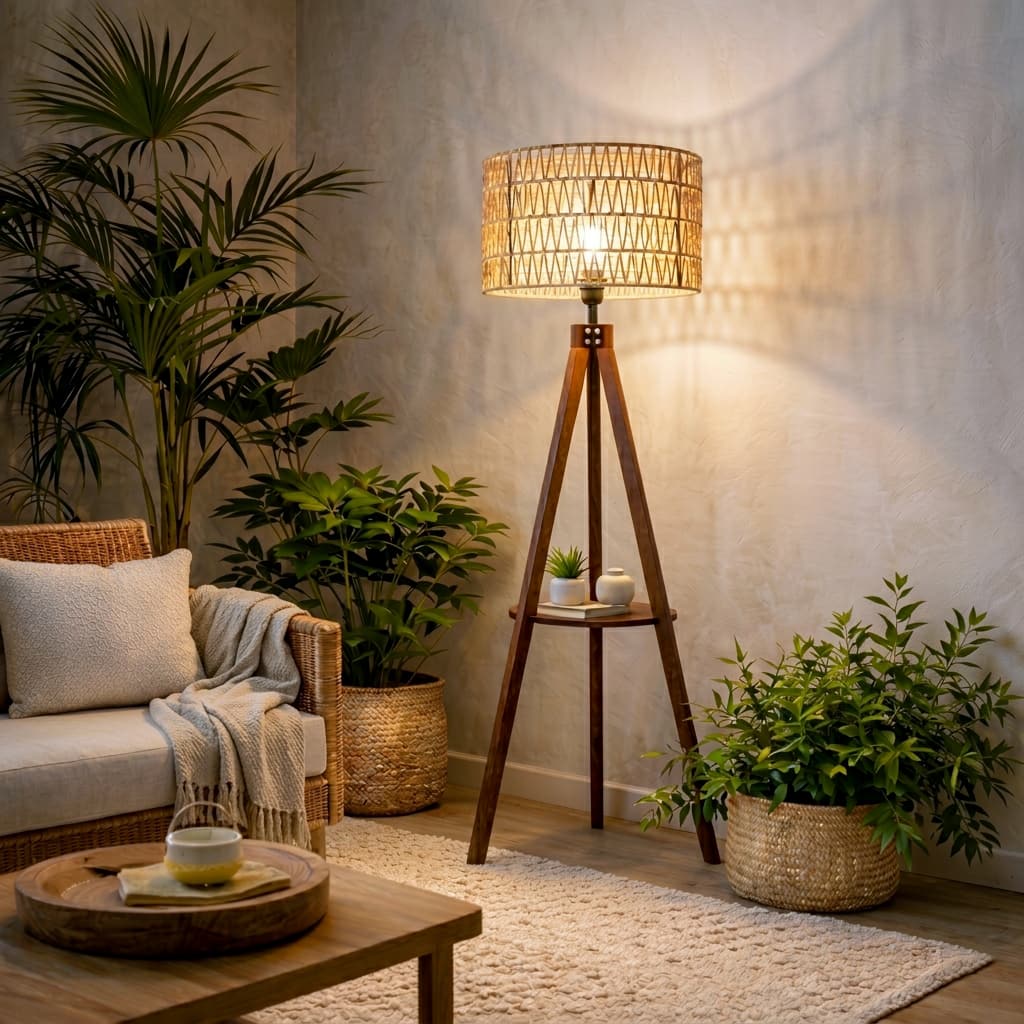 Front. Malletson - 59'' Tall Boho Tripod Floor Lamp with Shelves, Mid-Century Modern Wood Standing Lamp with Rattan and Fabric Shades.