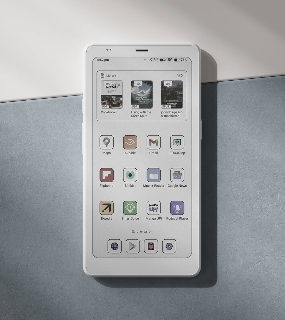 5:52 pm  
5G  
75%  

Library  
66%  
Cookbook  
100%  
Living with the Green Spirit  
32%  
john-dos-passos_manhattan...  

Maps  
Audible  
Gmail  
BOOXDrop  
Flipboard  
Blinkist  
Moon+ Reader  
Google News  
Expedia  
SmartGuide  
Manga UP!  
Podcast Player