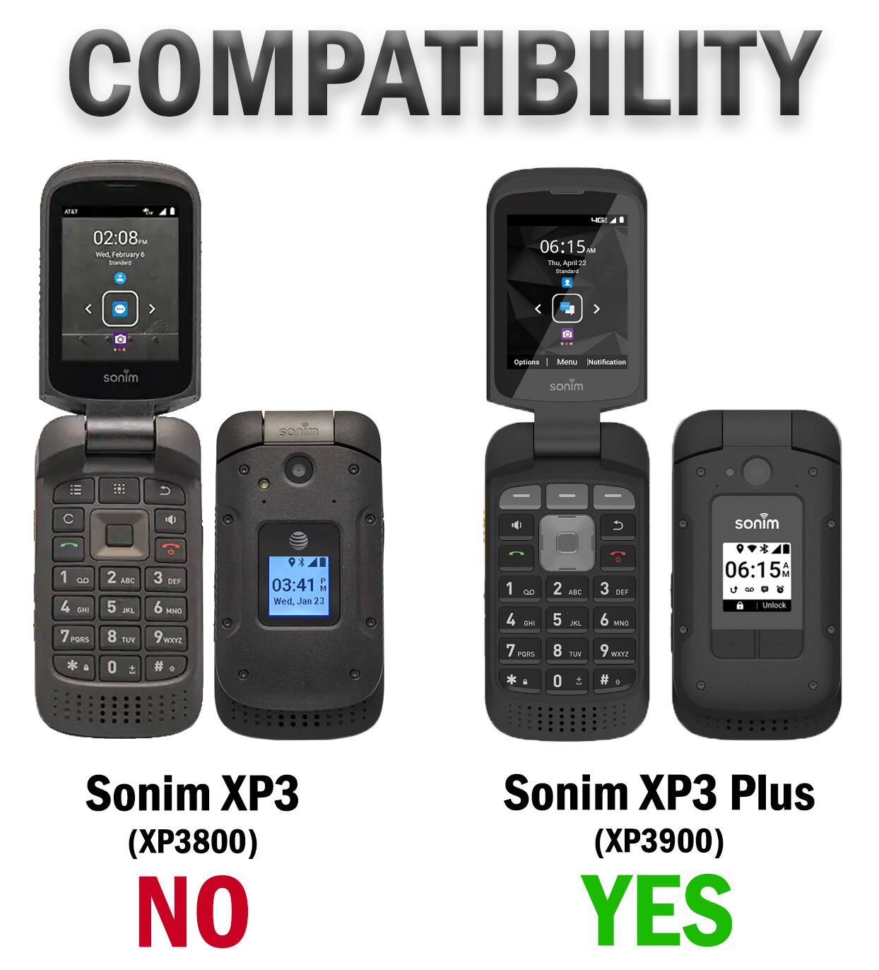COMPATIBILITY

AT&T 02:08 PM Wed February 5 Standard

4G1 06:15 IM The April Standard

sonim

Options Menu Notification SONIM

sonim
1 00 4 CHI 7 PORS PORS
2 ABC 5 JKL 8 TUY 0 
3 DEF 6 MINO WOOKZ # 
03:41 P  Wed, Jan 23
1 0.0 4 GHI 7 PGAS a
2 ABC 5 JKL 8 VUT 0 +
3 DEF 6 MNO 9 WOOZ # 3
06:15AM U g Unlock

Sonim XP3 (XP3800) NO
Sonim XP3 Plus (XP3900) YES
