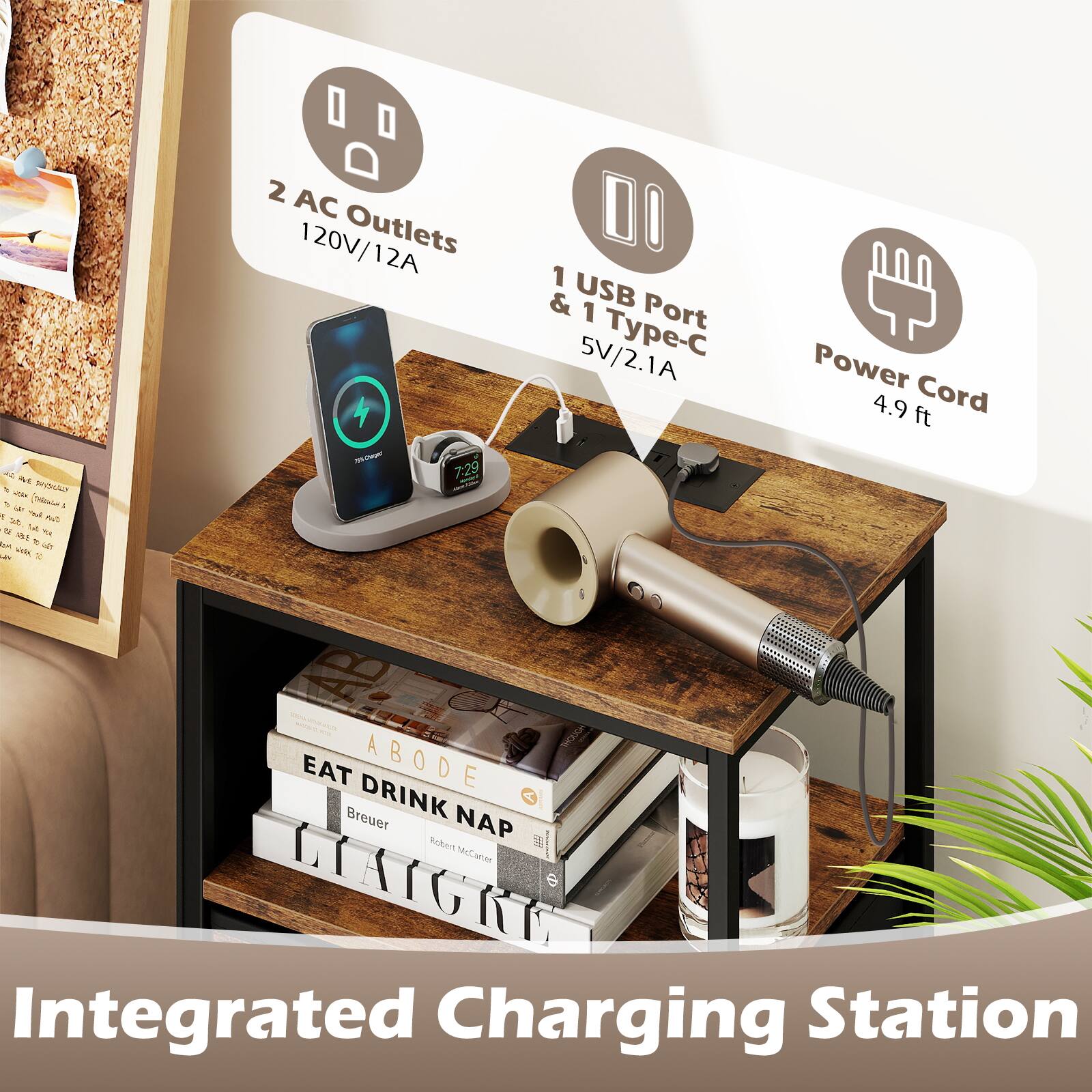 2 AC Outlets 120V/12A  
1 USB Port & 1 Type-C 5V/2.1A  
Power Cord 4.9 ft  

Integrated Charging Station