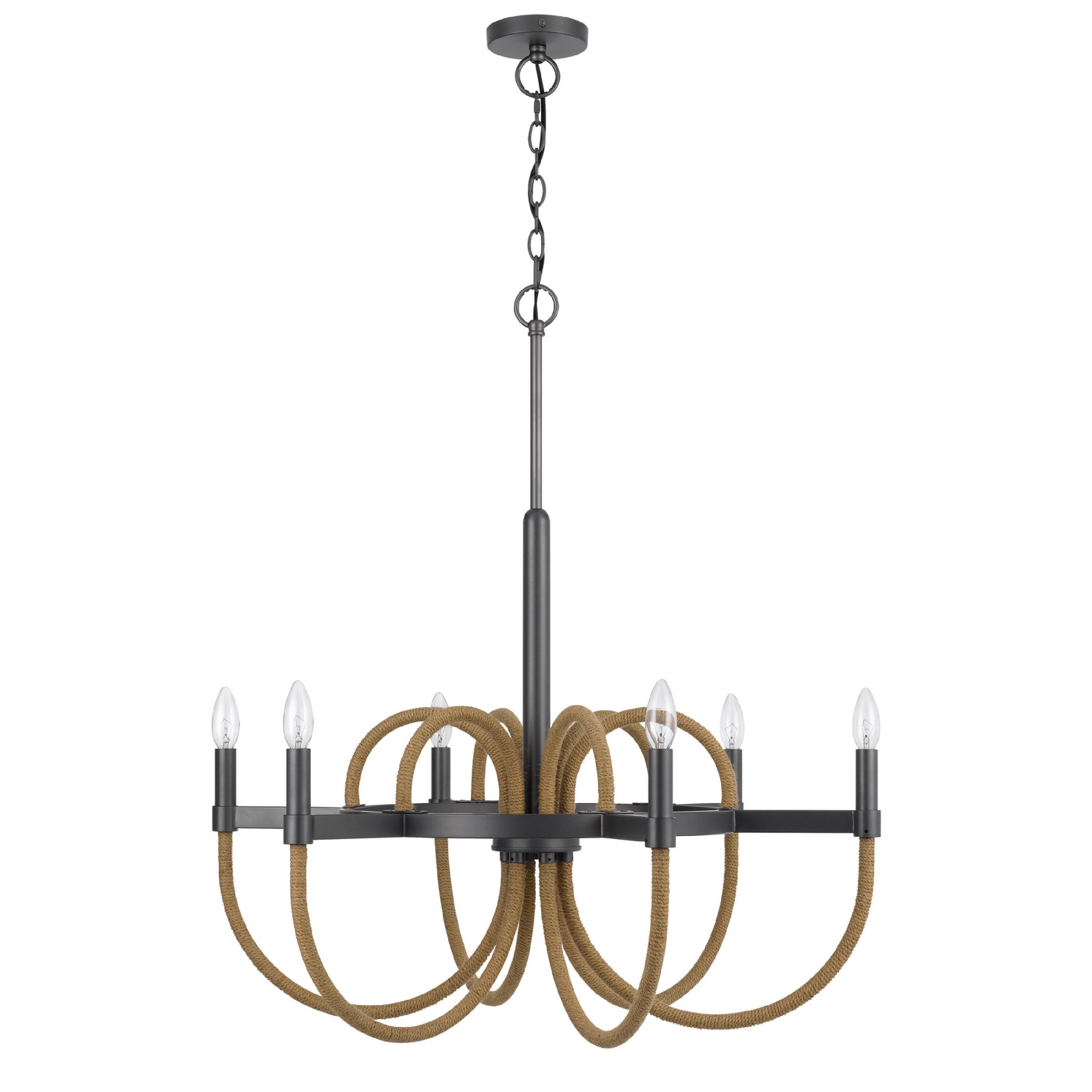 Left. Manhattan Lane - 6-Light Candelabra Chandelier with Burlap Rope, Black Metal, 31 Inch - Brown, Black.