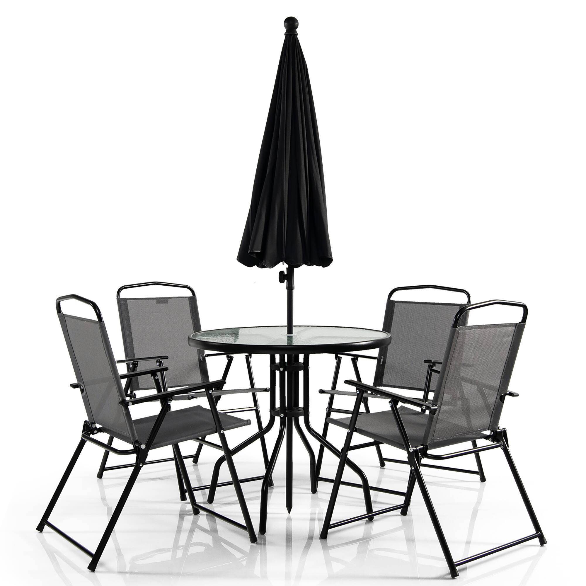 Alt View 8. Gymax - Gymax 6PCS Patio Garden Dining Set w/ Round Table & 4 Folding Chairs &  Umbrella - Grey + Black.