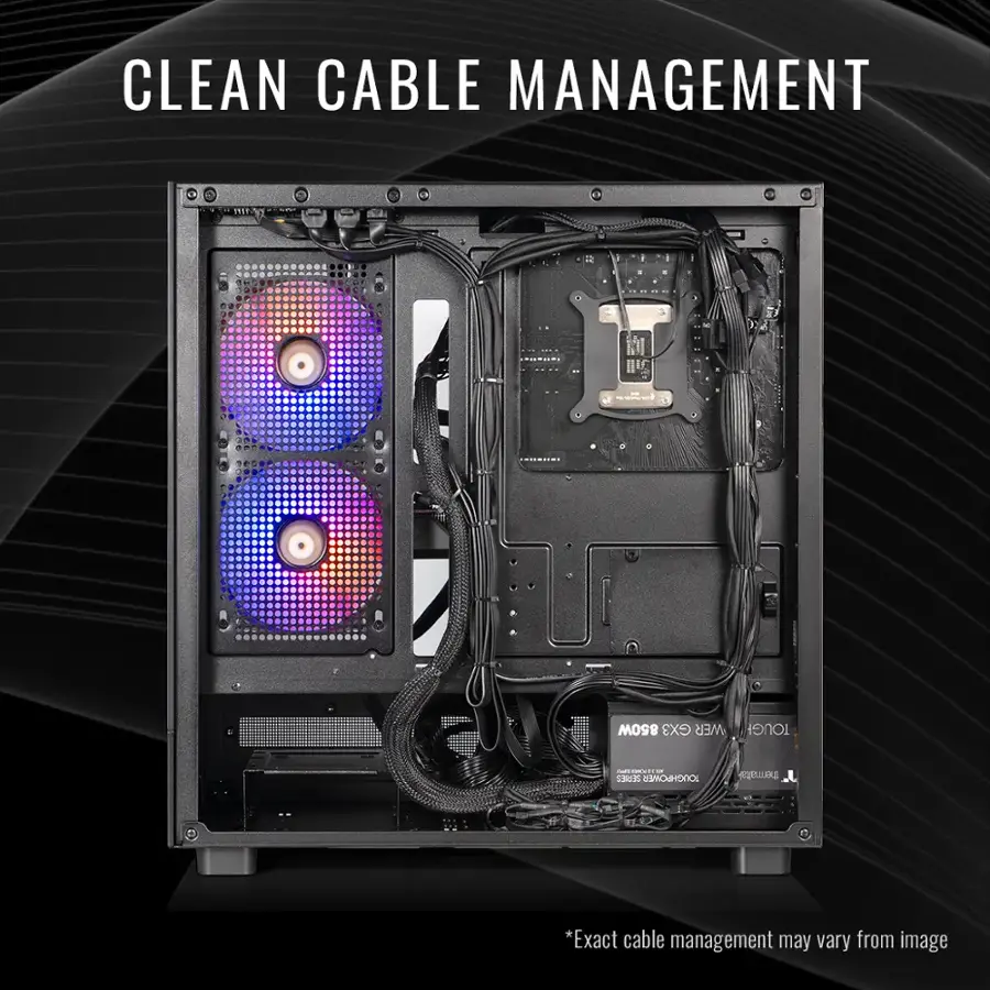 Clean Cable Management: 850W GX3 WER TOUGH - ! -. Exact cable management may vary from image.