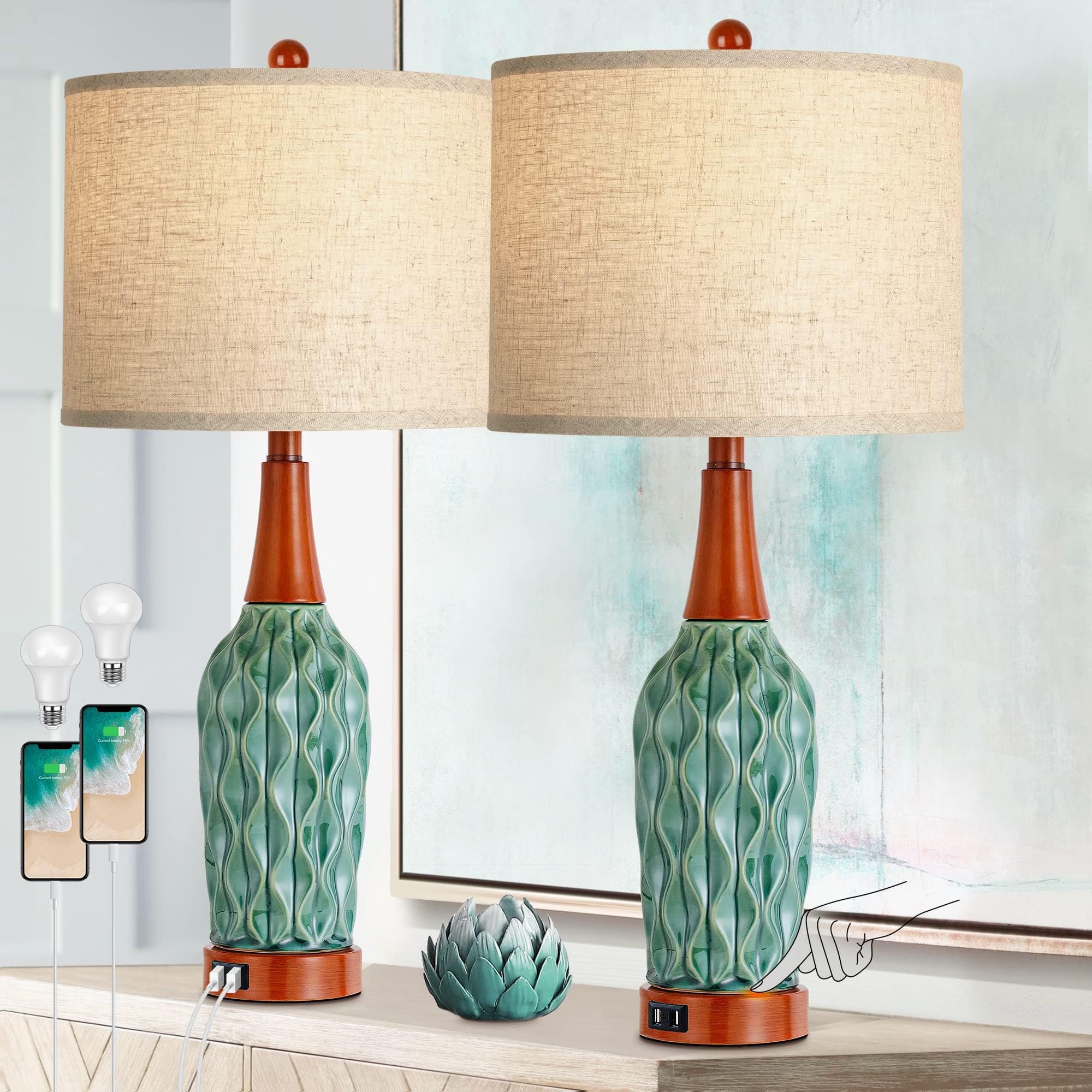 Pawtners - Vintage Table Lamps for Living Room Set of 2, Retro Ceramic Bedside Lamp for Bedroom with USB Port