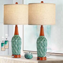 Pawtners - Vintage Table Lamps for Living Room Set of 2, Retro Ceramic Bedside Lamp for Bedroom with USB Port