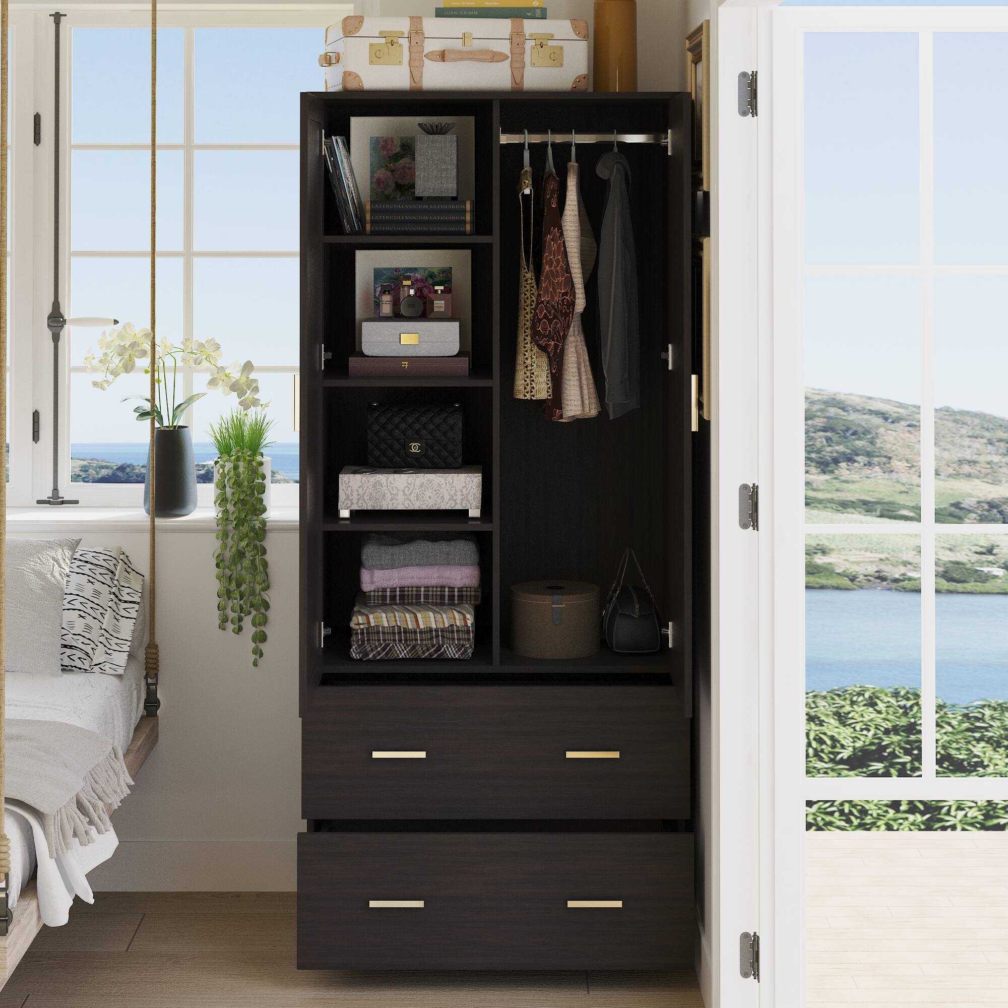 Back. FUFU&GAGA - Wardrobe Closet with Mirror Small Armoire Storage Cabinet with Hanging Rod Shelves and Drawers for Bedroom - Black.