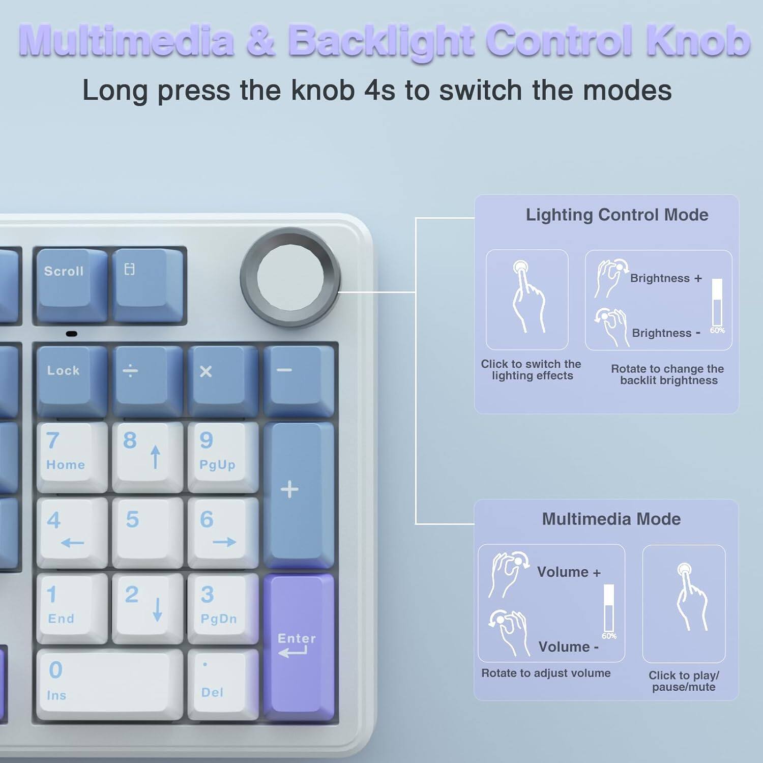 Multimedia & Backlight Control Knob

Long press the knob for 4 seconds to switch the modes.

Lighting Control Mode:
- Scroll
- Brightness + 60%
- Brightness - 
- Lock
- Click to switch the lighting effects
- Rotate to change the backlit brightness

Multimedia Mode:
- Volume + 60%
- Volume -
- Rotate to adjust volume
- Click to play/pause/mute