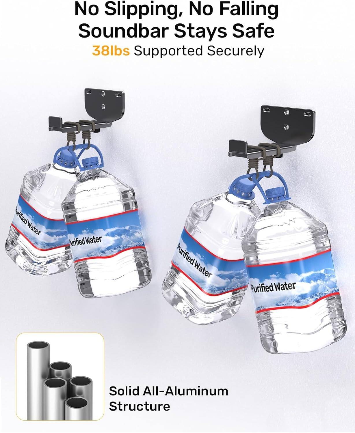 No Slipping, No Falling  
Soundbar Stays Safe  
38lbs Supported Securely  

Solid All-Aluminum Structure