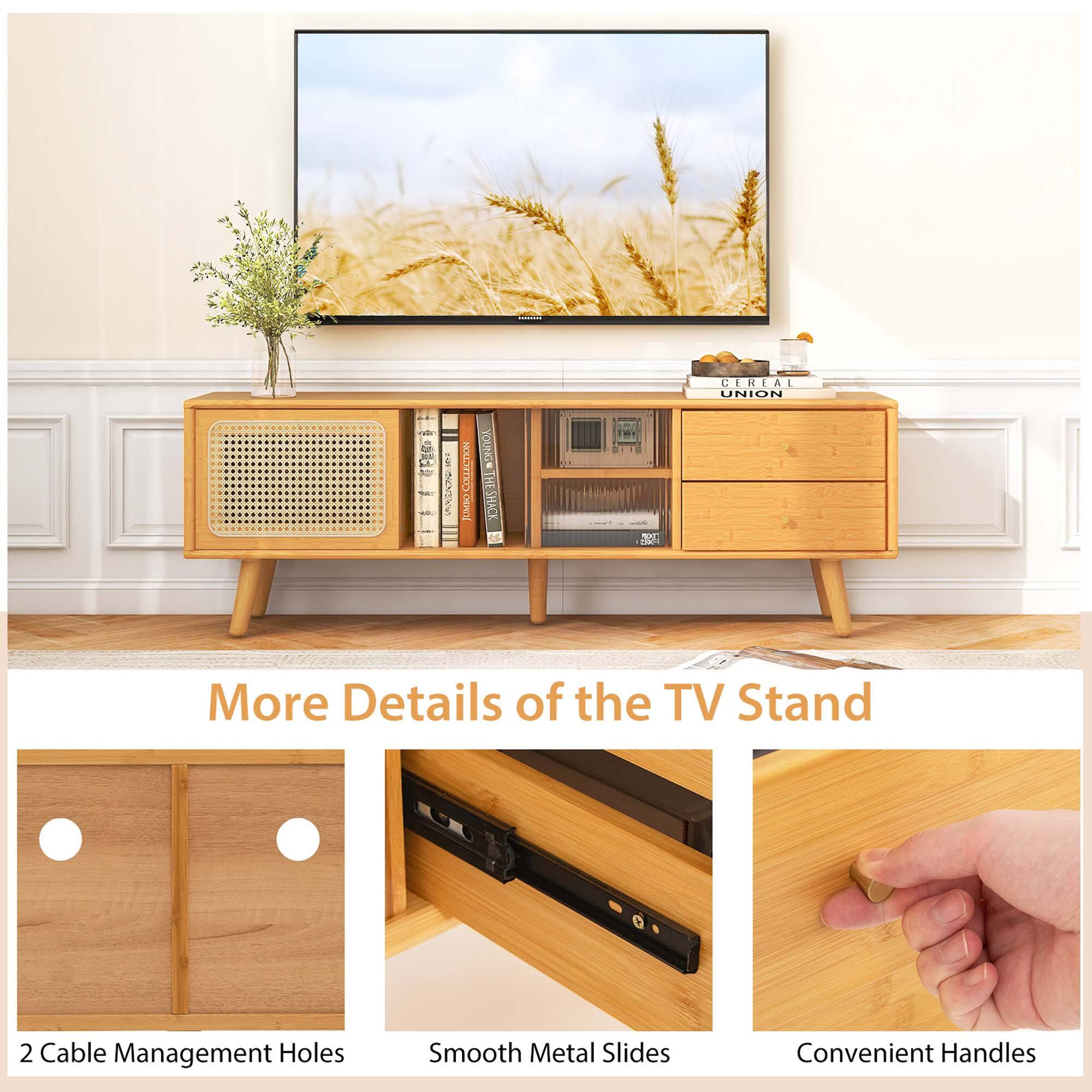 More Details of the TV Stand: 2 Cable Management Holes, Smooth Metal Slides, Convenient Handles.