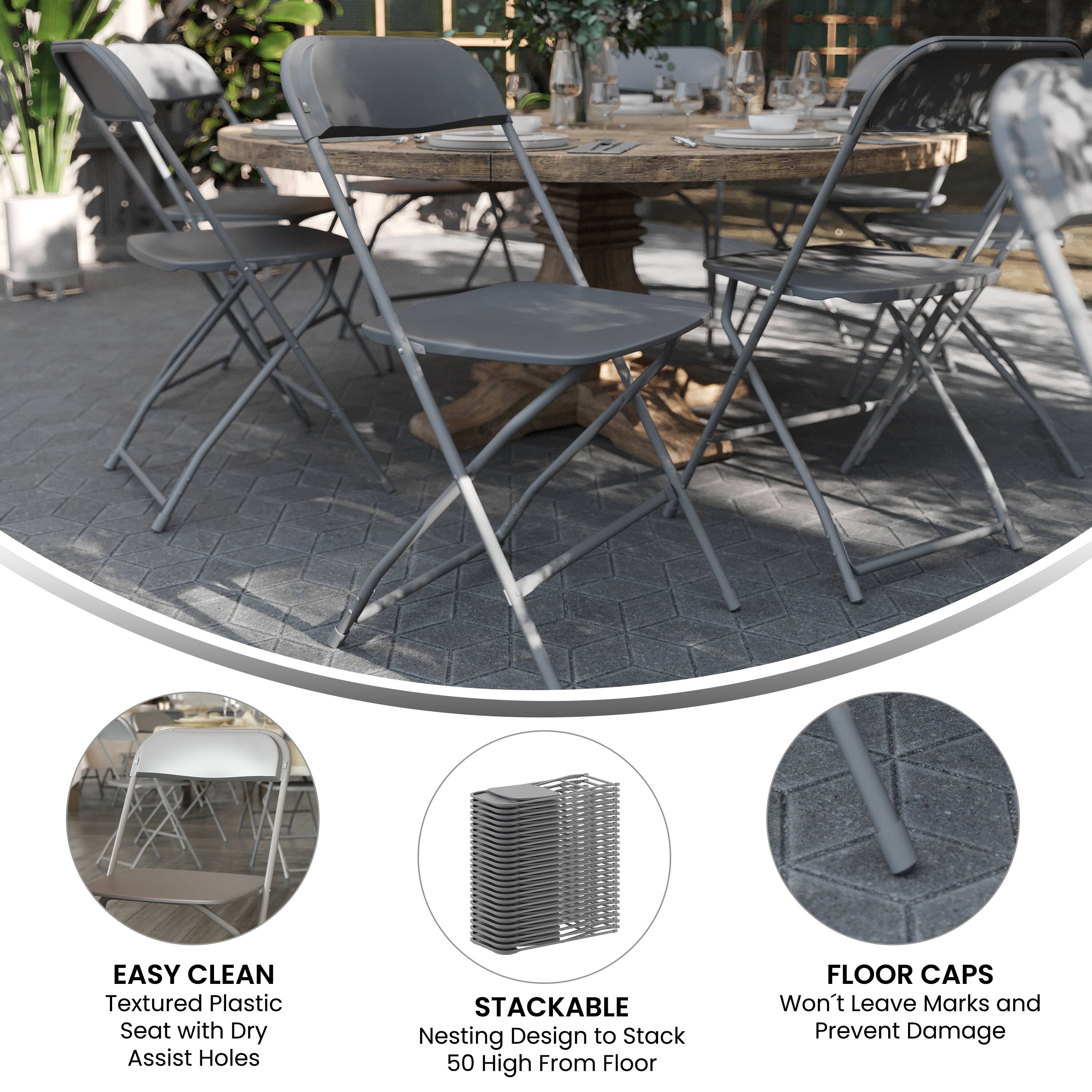 EASY CLEAN  
Textured Plastic Seat with Dry Assist Holes  

STACKABLE  
Nesting Design to Stack 50 High From Floor  

FLOOR CAPS  
Won't Leave Marks and Prevent Damage