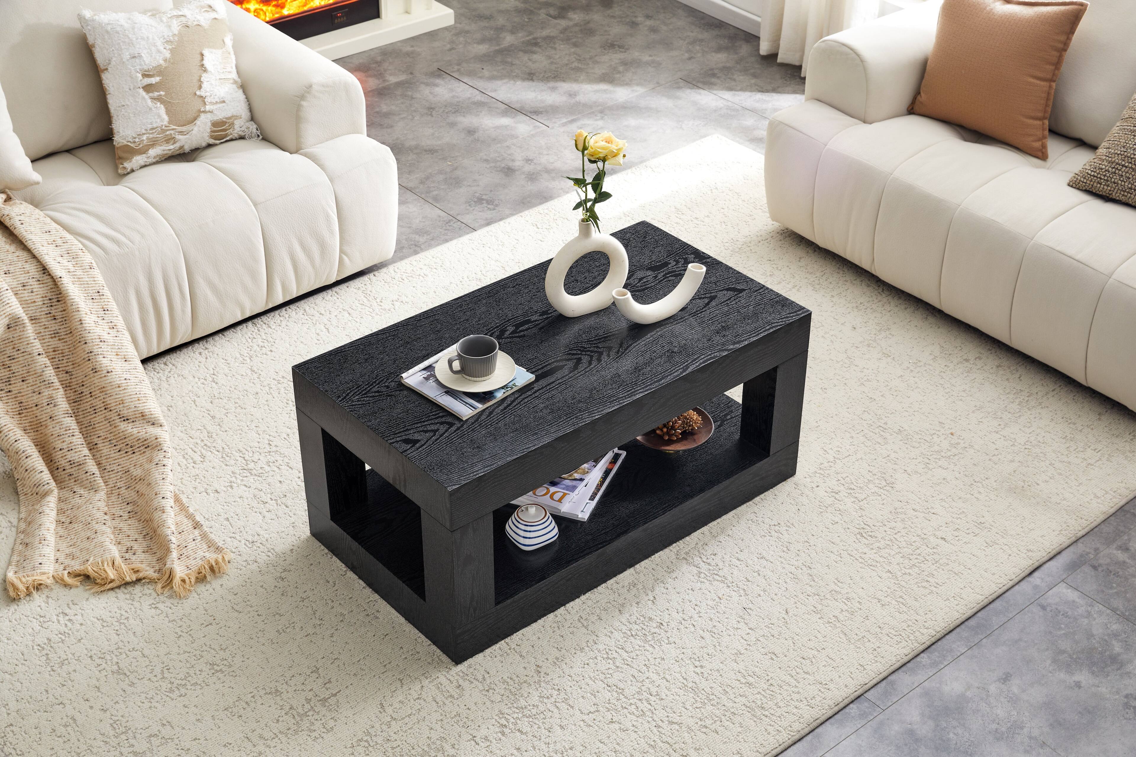 Back. Loheer - Loheer- Modern 2-Tier Coffee Table Open Storage 3.29x1.8x1.5 ft Rectangular Center Table for Living Room - Black Woodgrain.