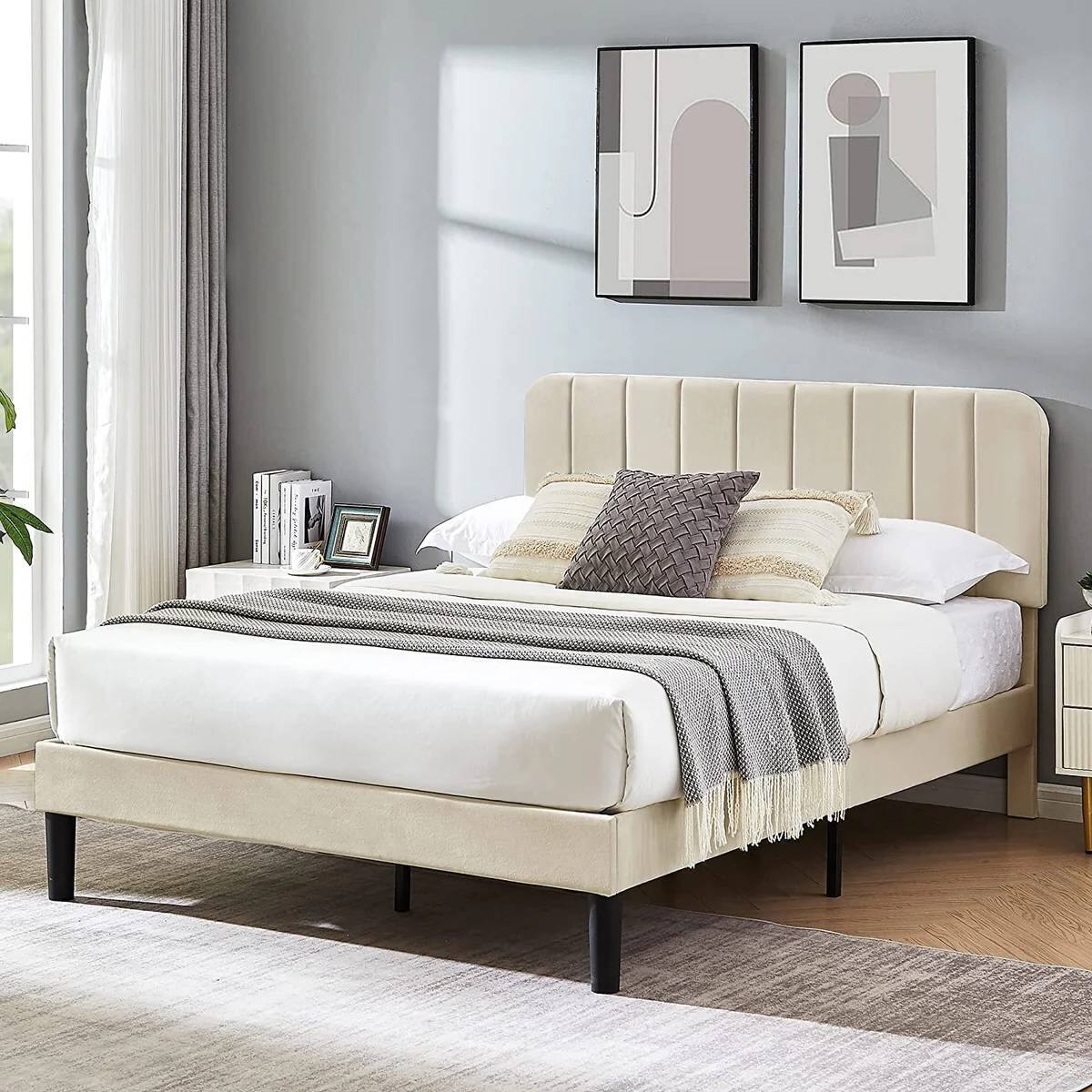 Angle. SlickBlue - Upholstered Platform Bed Frame with Padded Headboard for Modern Bedrooms - Beige.