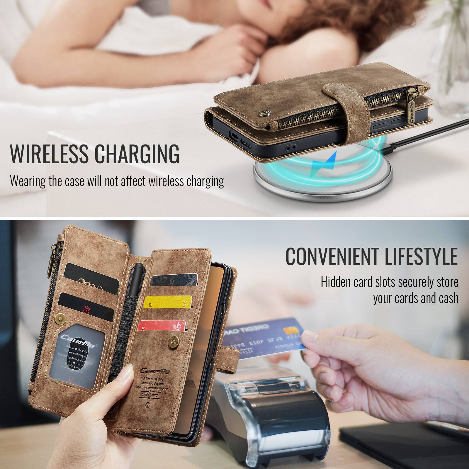 WIRELESS CHARGING  
Wearing the case will not affect wireless charging  

CONVENIENT LIFESTYLE  
Hidden card slots securely store your cards and cash