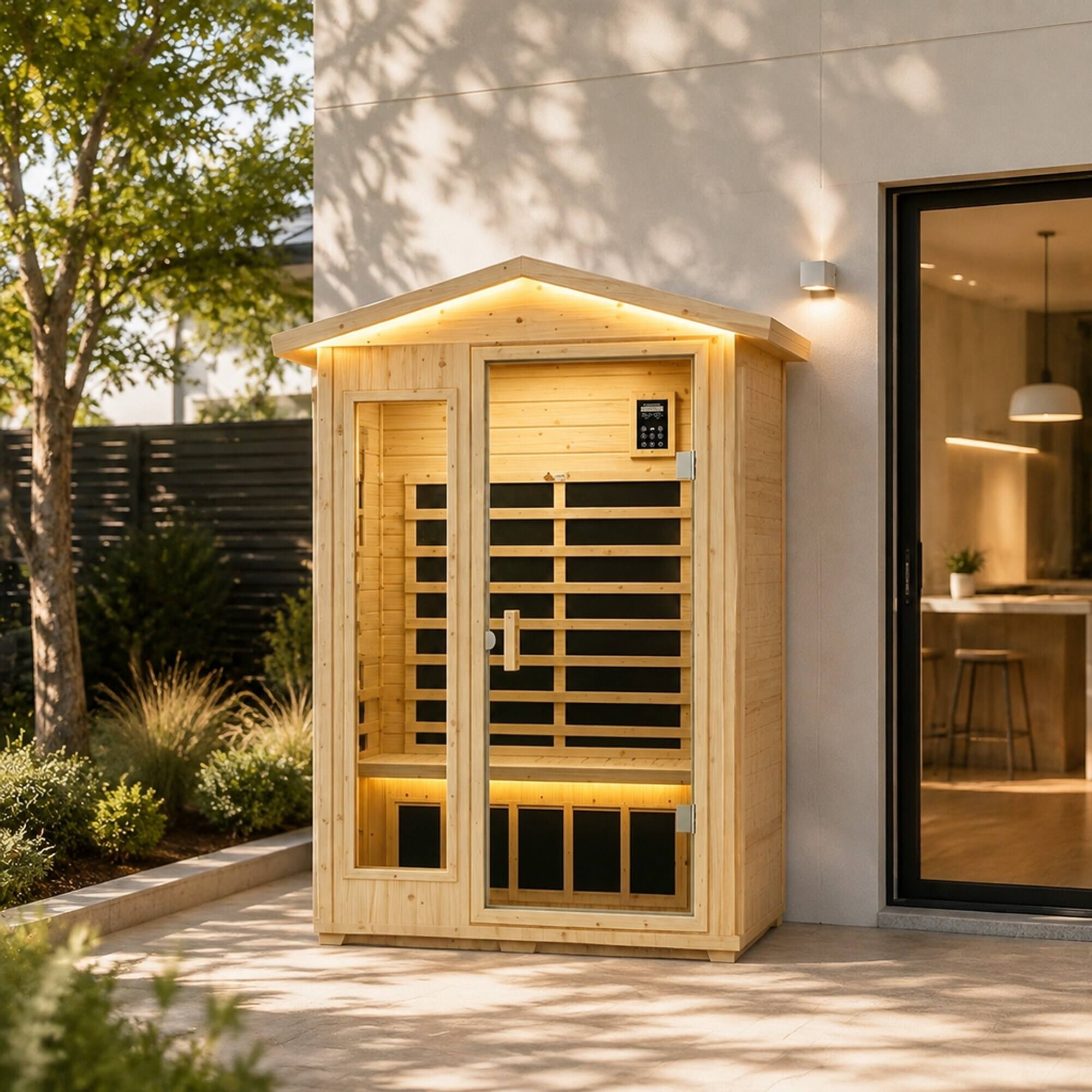 Angle. RYHNUYNE - XY-902VY Far Infrared Sauna Room, Norway Spruce Construction, 6 Heating Plates, 1850W, Indoor Outdoor Use - Natural Wood.