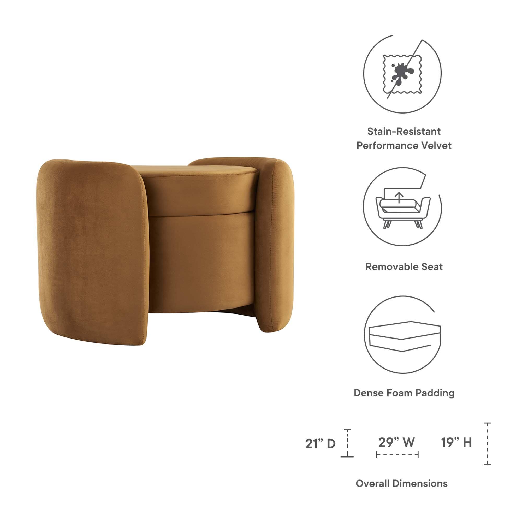 Stain-Resistant Performance Velvet  
Removable Seat  
Dense Foam Padding  

21" D x 29" W x 19" H  
Overall Dimensions