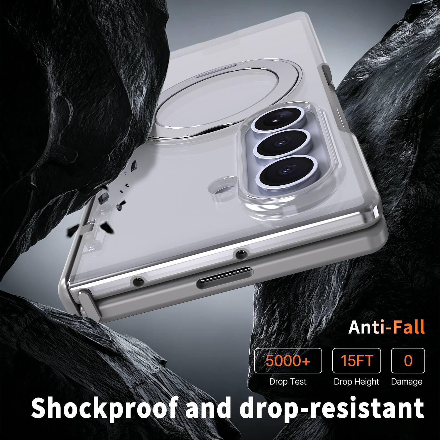 Anti-Fall  
5000+  
15FT  
0  
Drop Test  
Drop Height  
Damage  
Shockproof and drop-resistant