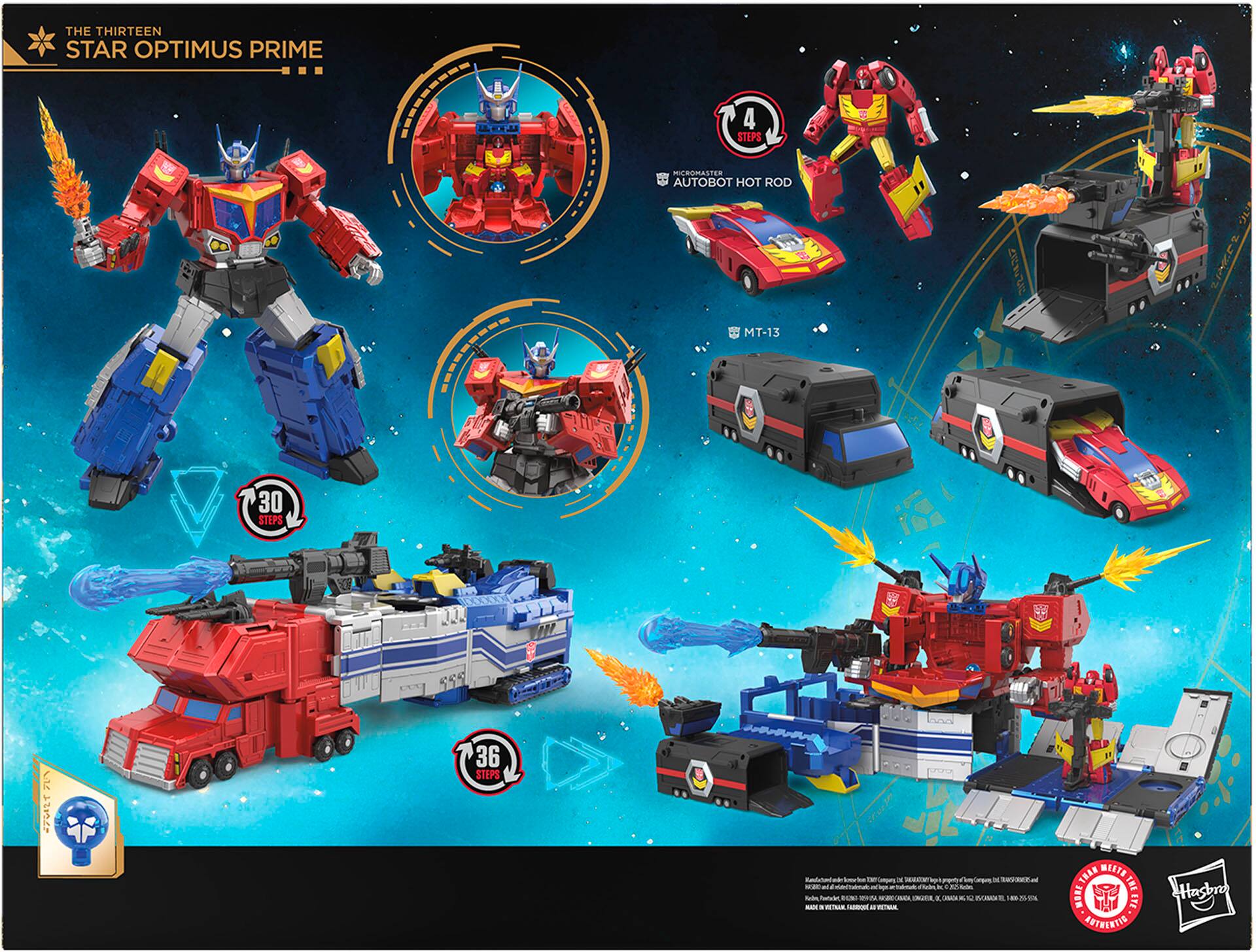 The image shows a poster featuring the Star Optimus Prime toy set. The poster includes instructions for building the toy, which consists of a red and blue truck, a red and blue car, and a red and blue robot. The poster is divided into sections, with each section displaying a different part of the toy set. The poster is designed to help users assemble the toy set correctly and enjoyably.
