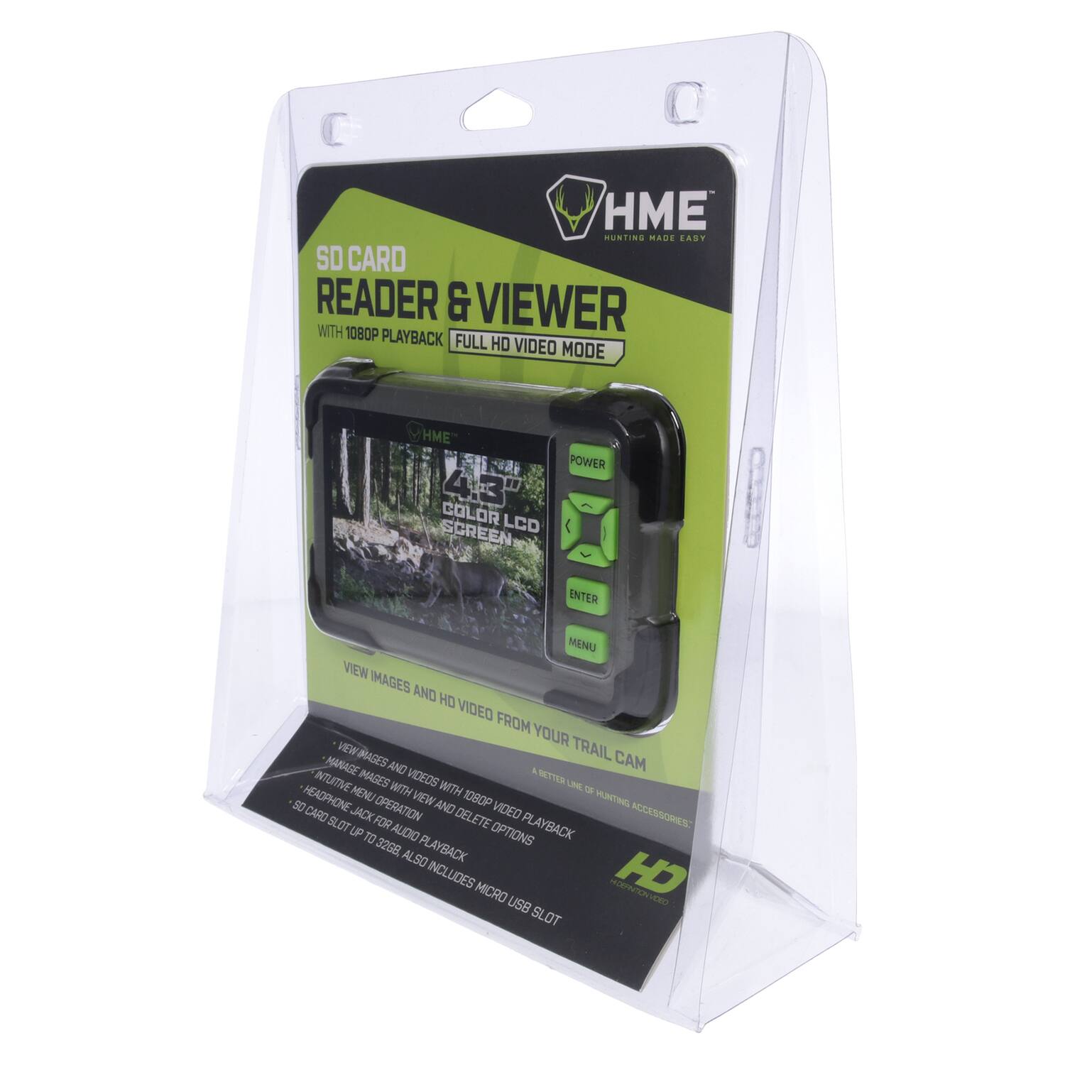 HME Munting Hade Last SD Card Reader & Viewer with 1080P Playback Full HD Video Mode. HME Power Color LCD Screen. Enter Manu View Images and HD Video from Your Trail Cam. Manage and View Images and Videos with 1080P Playback. Intuitive Menu with View 1080P Operation and Video Card Jack for Delete Accessory Slot. Up Audio Options Playback to 32GB. Playback Also Includes Micro USB Slot.
