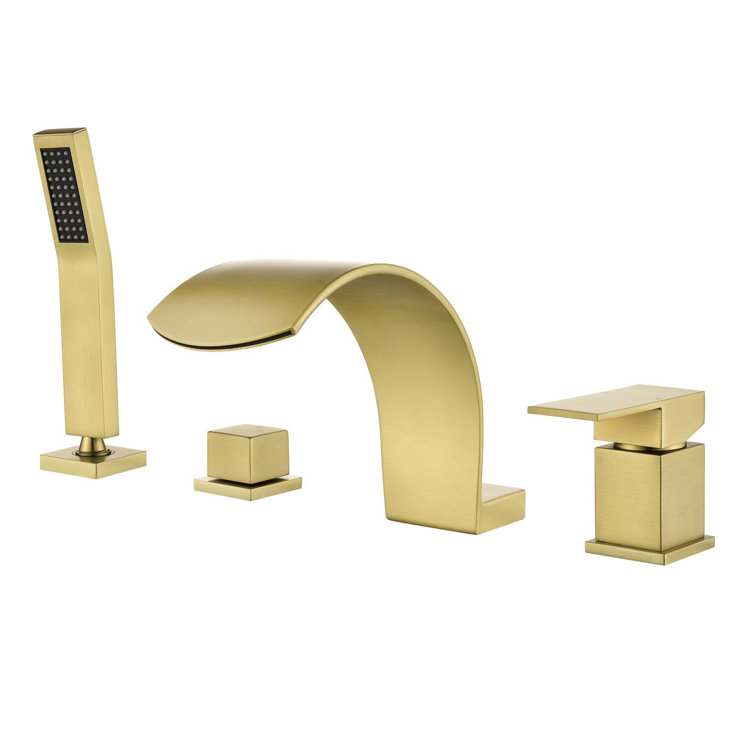 Alt View 1. Boyel Living - Brushed Gold Curved Cold and Hot Bathtub Faucet with Handheld Shower and Waterfall Outlet Single Handle Dual Control - Brushed Gold.