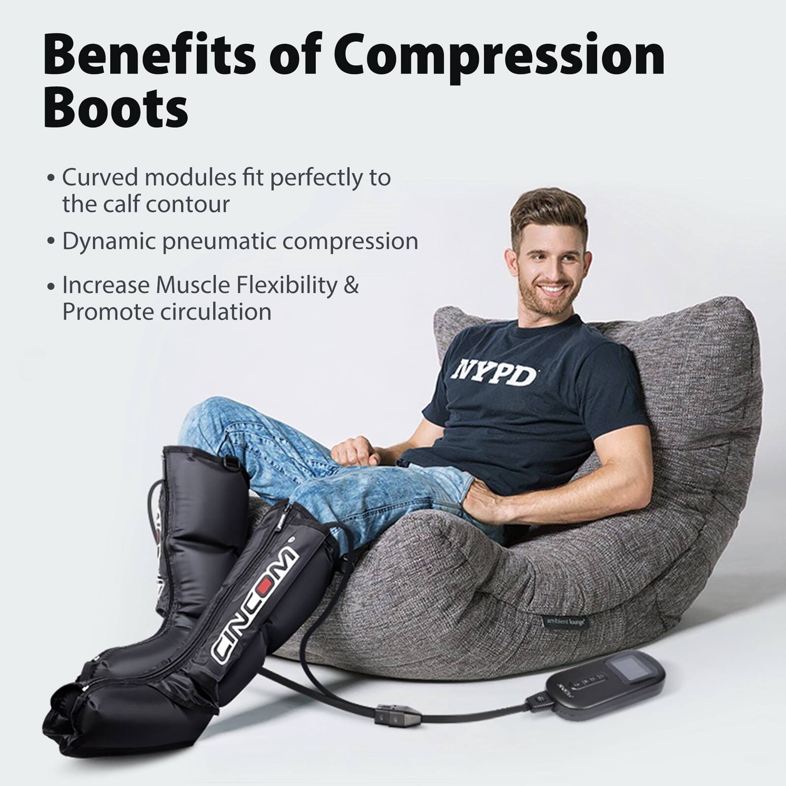 Benefits of Compression Boots

- Curved modules fit perfectly to the calf contour
- Dynamic pneumatic compression
- Increase Muscle Flexibility & Promote circulation

CINCOM

NYPD