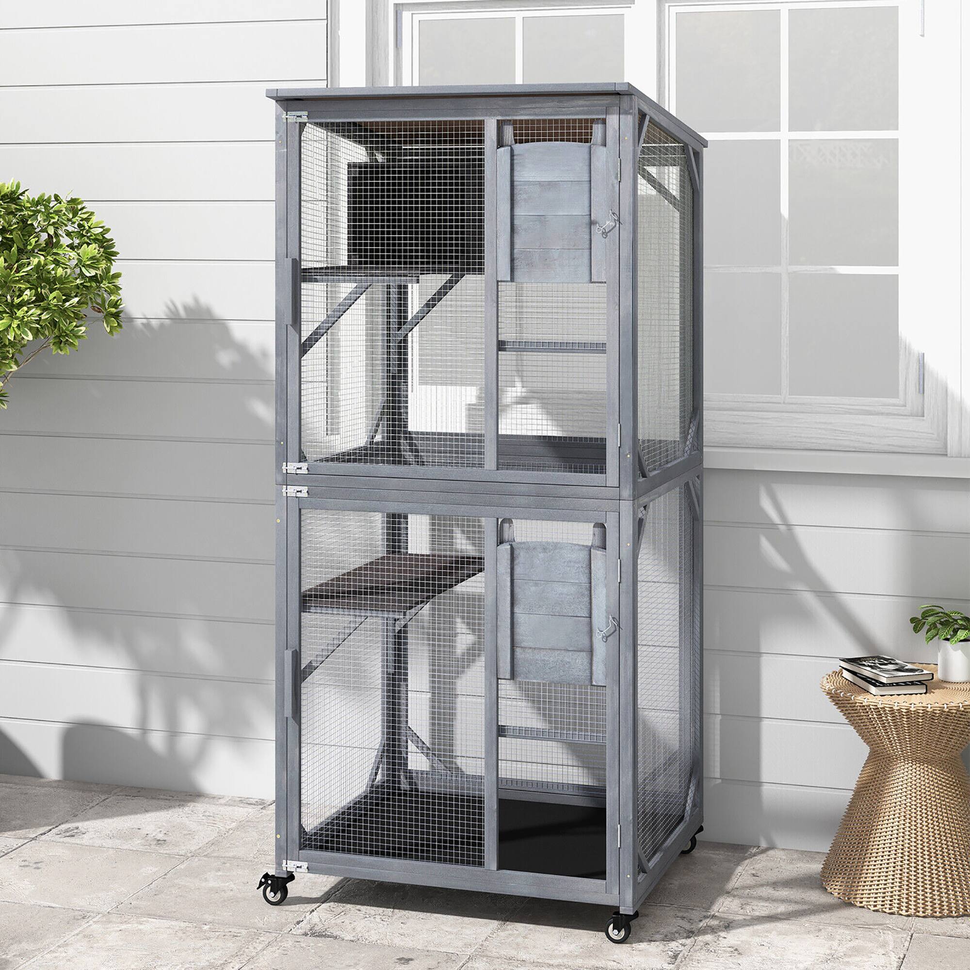 Alt View 1. Gymax - Gymax Wooden Cat House 72'' Indoor Outdoor Kitten Enclosure Kennel Condo on Wheels Grey.
