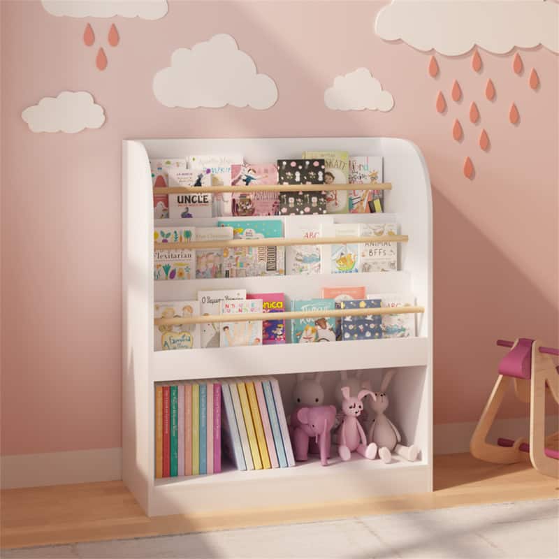 HTUTWOO - Kids Bookshelf with Open Storage – Front-Facing Children's Bookcase, Multi-Tier Wooden Book Display Shelf for Toddlers - White