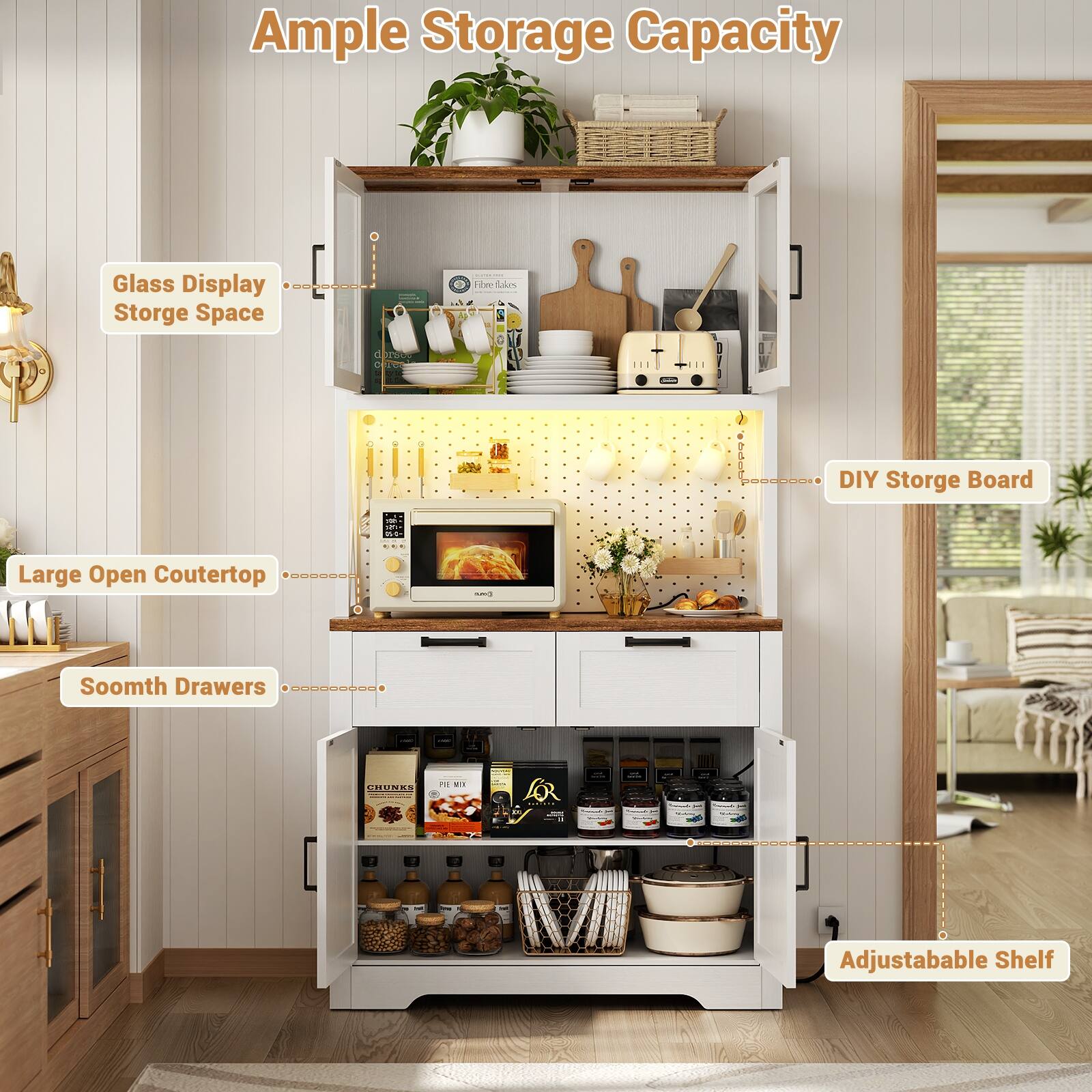 Ample Storage Capacity

- Glass Display Storage Space
- Large Open Countertop
- Smooth Drawers
- DIY Storage Board
- Adjustable Shelf