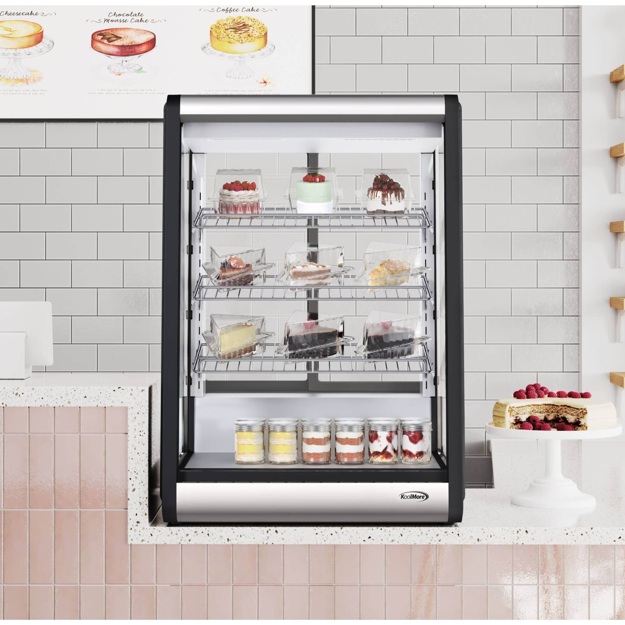 Cheesecake, Chocolate Mousse, Coffee Cake, and Carrot Cake are displayed in a refrigerated case.