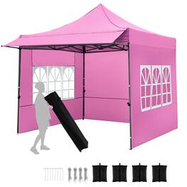 Costway - 10 x 10 FT Pop up Canopy Tent with Sidewalls & Awning, Wheeled Bag, Sandbags, Stake - Pink