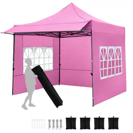 Front. Costway - Costway 10 x 10 FT Pop up Canopy Tent with Sidewalls & Awning, Wheeled Bag, Sandbags, Stake - Pink.