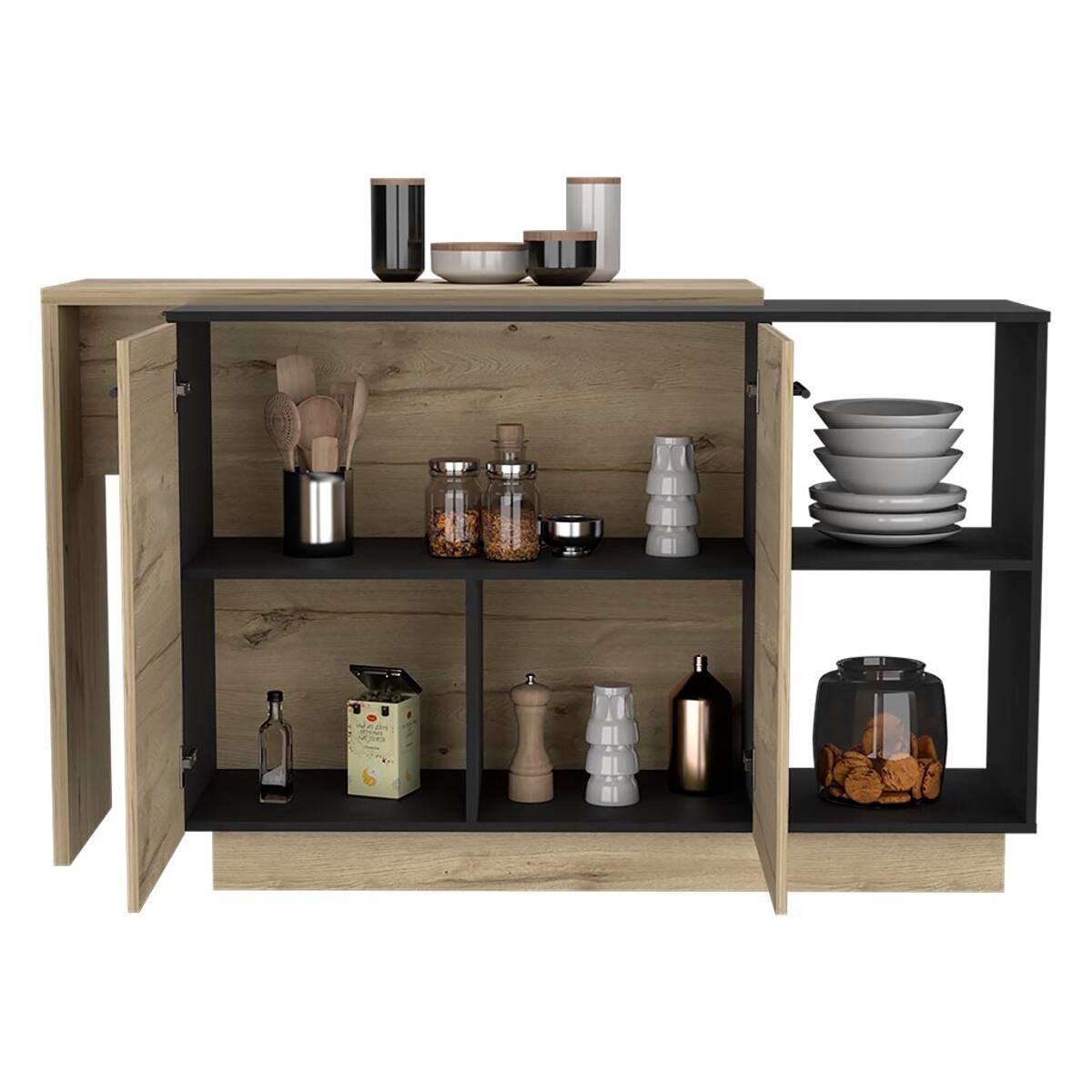 Alt View 1. Loheer - Loheer Black and Light Oak Kitchen Island with Storage Double Door Cabinets and Shelves - Black and Light Oak.