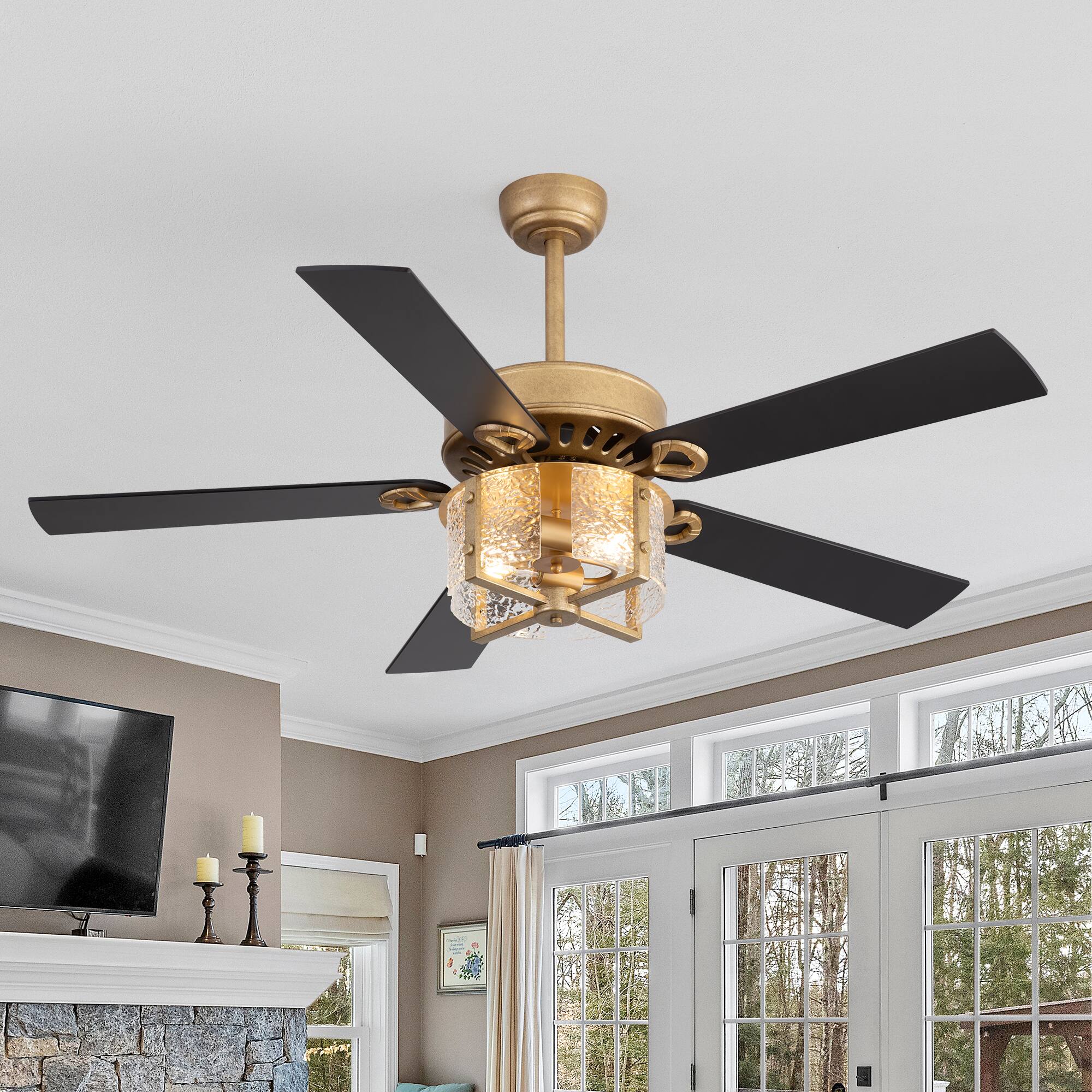 Back. Breezary - 52-Inch Large Ceiling Fan with Light Fixture, 5 Dual-Finish Plywood Blades, DC Motor, Remote Control, 5/10-Inch Downrods - Brushed Gold with Black and Rich Walnut.