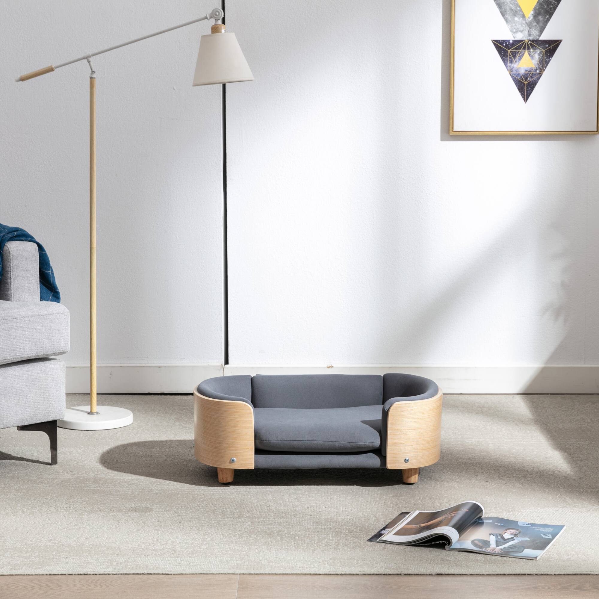 Left. APRILSOUL - Scandinavian style Elevated Dog Bed Pet Sofa With Solid Wood legs and Bent Wood Back Velvet Cushion Small Size - DARK GREY.