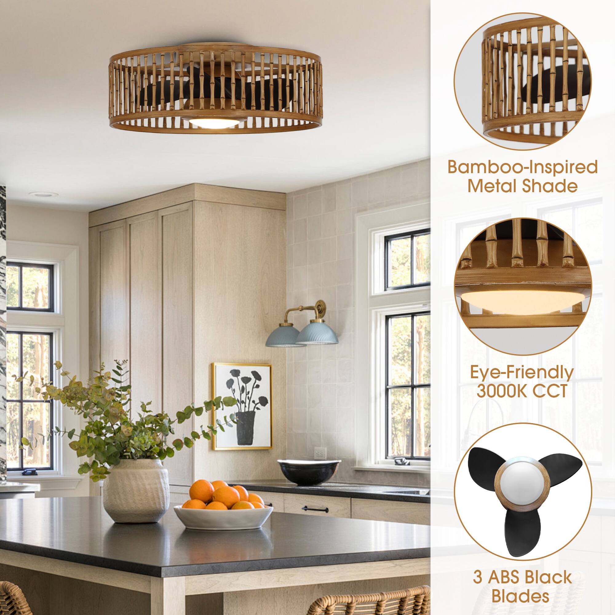Bamboo-Inspired Metal Shade  
Eye-Friendly 3000K CCT  
3 ABS Black Blades