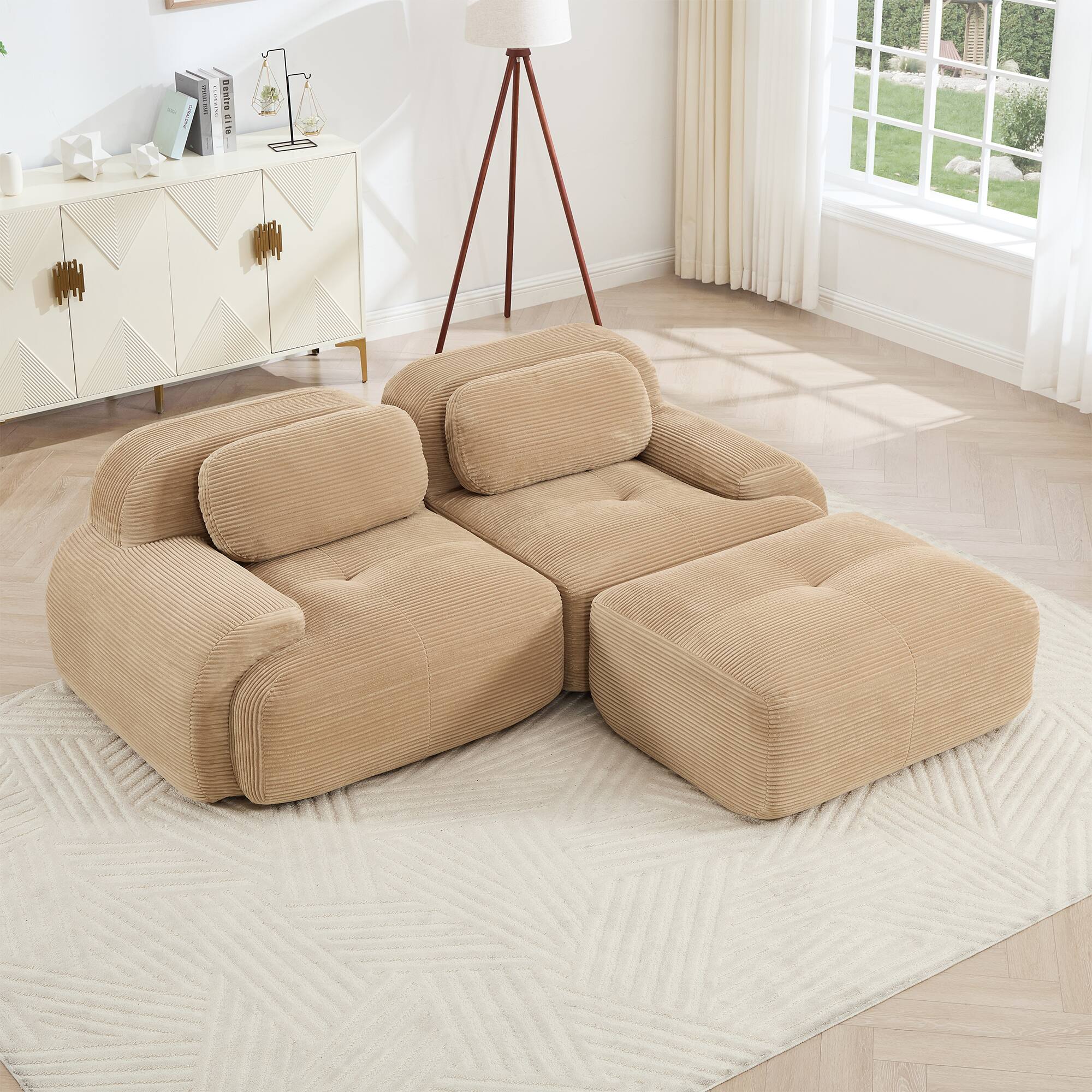 Front. LOVMOR - 82 inch L Shaped Modular Corduroy Couch No Assembly Compressed Pack Anti Slip Curved Armrests For Bedroom Soft - Camel.