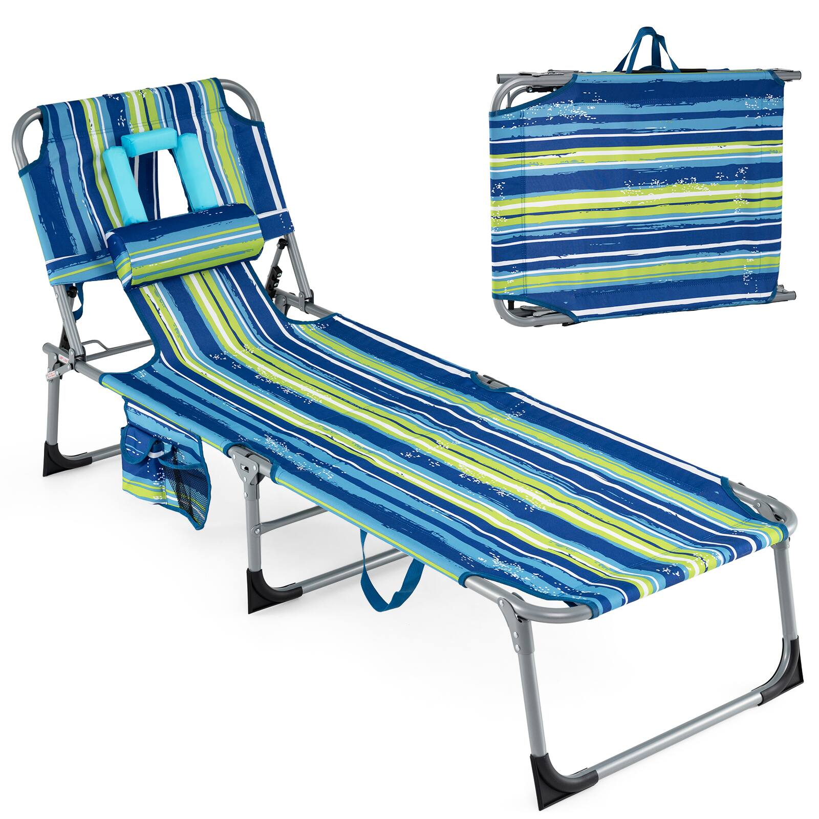 Alt View 8. Gymax - Gymax 2PCS Tanning ChairPortable Chaise Lounge Chair w/4-Position Adjustable Backrest Blue Stripe - Multicolor.