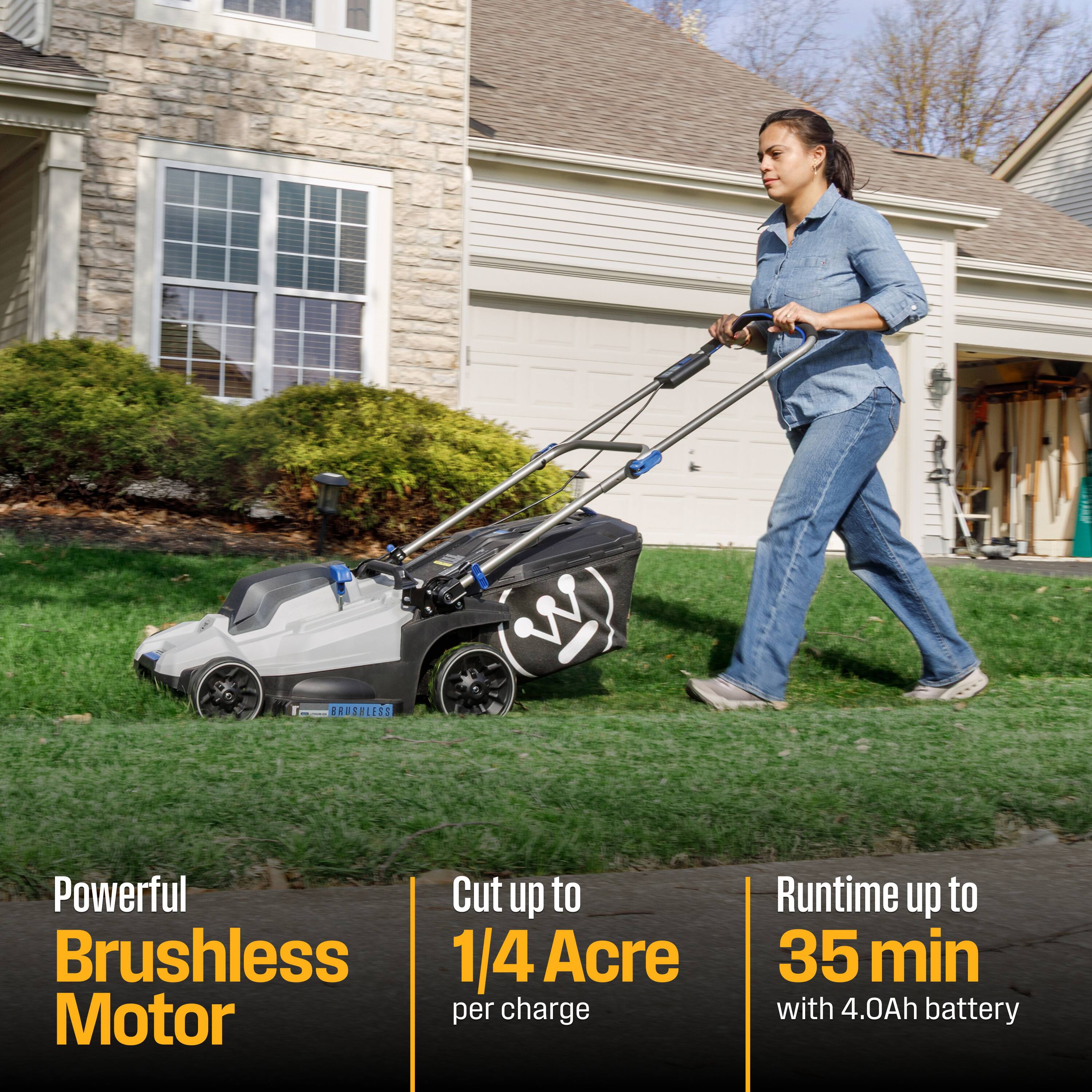 Powerful Brushless Motor  
Cut up to 1/4 Acre per charge  
Runtime up to 35 min with 4.0Ah battery