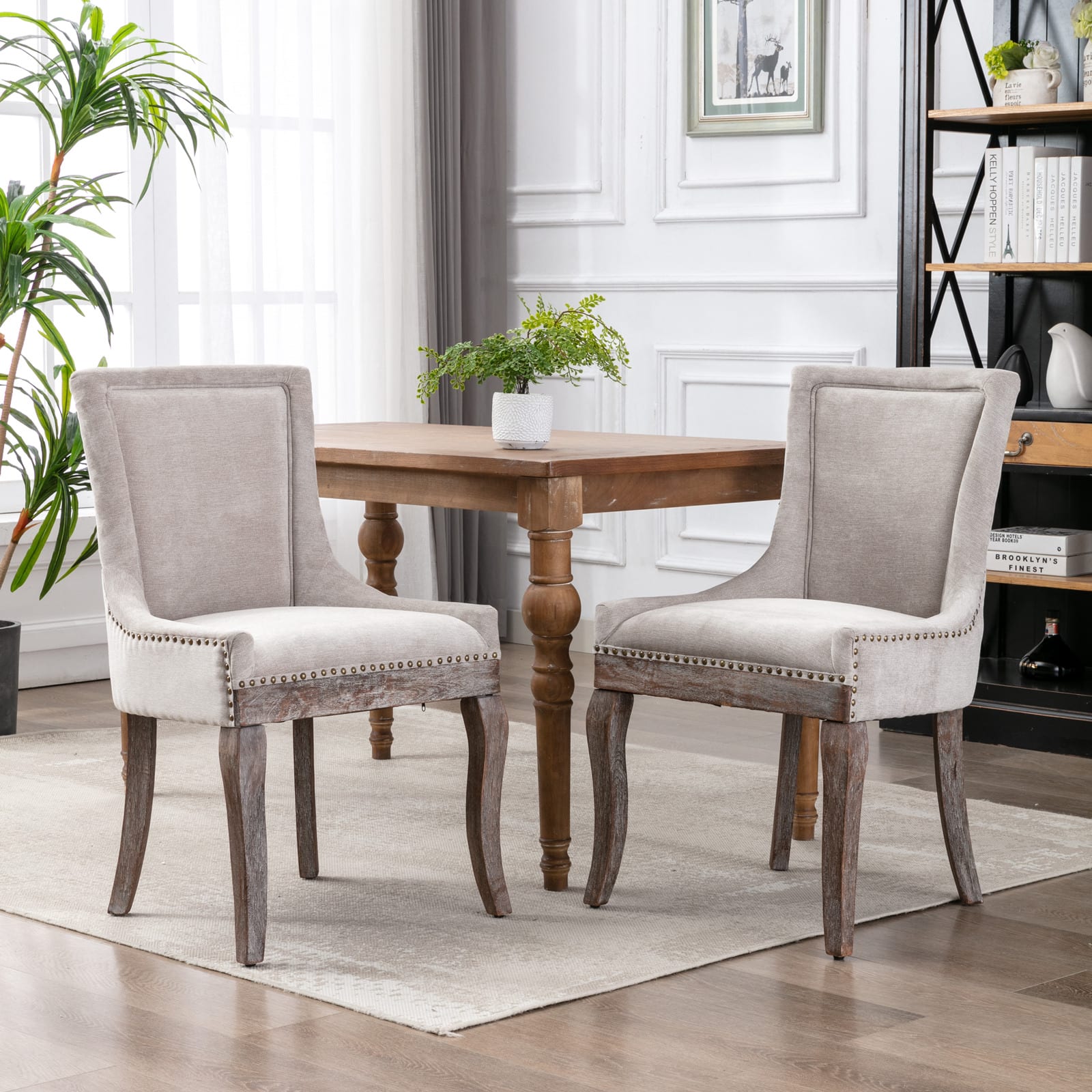 GOODSILO - Ultra Side Dining Chair Set of 2, Thickened Fabric, Solid Wood Legs, Bronze Nail Head - Beige