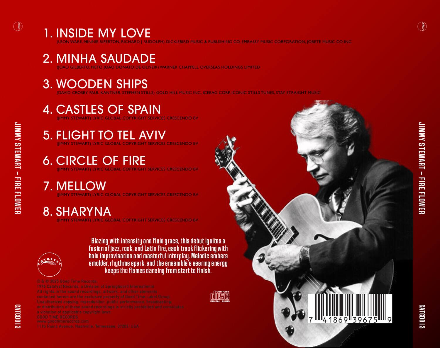 1. INSIDE MY LOVE  
   (LEON WARE, MINNIE RIPERTON, RICHARD RUDOLPH)  
   DICKIEBIRD MUSIC & PUBLISHING CO., EMBASSY MUSIC CORPORATION, AIGHT MUSIC  
   WARNER CHAPPELL OVERSEAS HOLDINGS LIMITED  

2. MINHA SAUDADE  
   (JOÃO GILBERTO, NETO JOÃO DONATO DE OLIVEIRA)  
   WARNER CHAPPELL OVERSEAS HOLDINGS LIMITED  

3. WOODEN SHIPS  
   (DAVID CROSBY, PAUL KANTNER, STEPHEN STILLS)  
   GOLD MUSIC INC., ICEBAG CORP., ICONIC STILLS TUNES, STRAIGHT MUSIC  
   LYRIC GLOBAL COPYRIGHT SERVICES CRESCEINDO BV  

4. CASTLES OF SPAIN  
   (JIMMY STEWART)  
   LYRIC GLOBAL COPYRIGHT SERVICES CRESCEINDO BV  

5. FLIGHT TO TEL AVIV  
   (JIMMY STEWART)  
   LYRIC GLOBAL COPYRIGHT SERVICES CRESCEINDO BV  

6. CIRCLE OF FIRE  
   (JIMMY STEWART)
