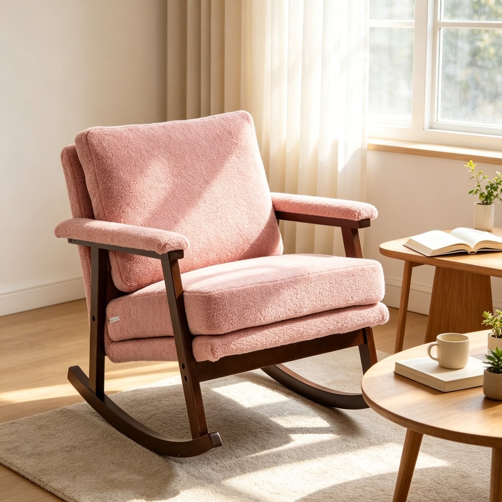 Loheer - Mid Century Modern Rocking Chair Solid Wood Frame - Pink